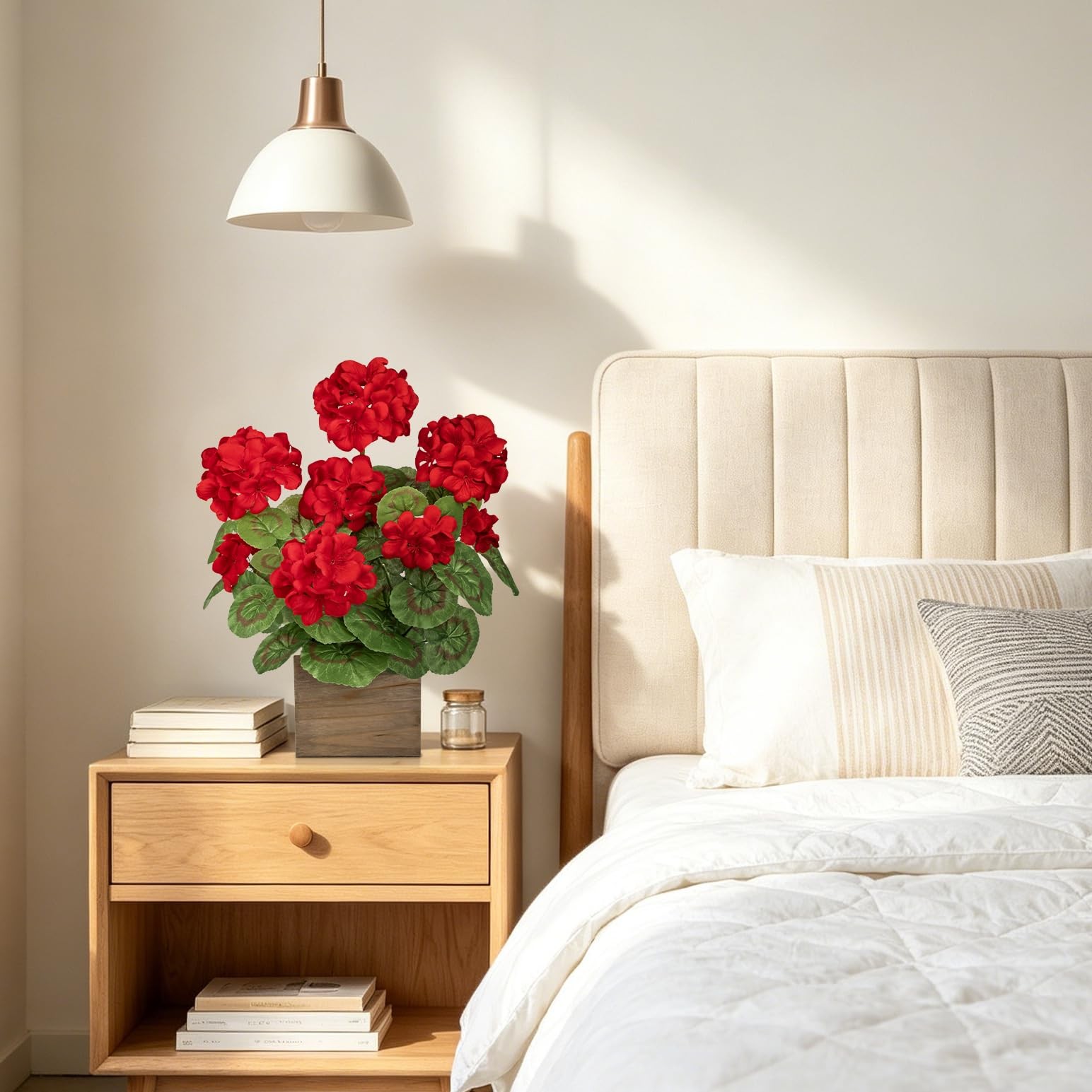 Artificial Geraniums Flowers in Square Wooden , Faux Red Silk Geranium Potted…