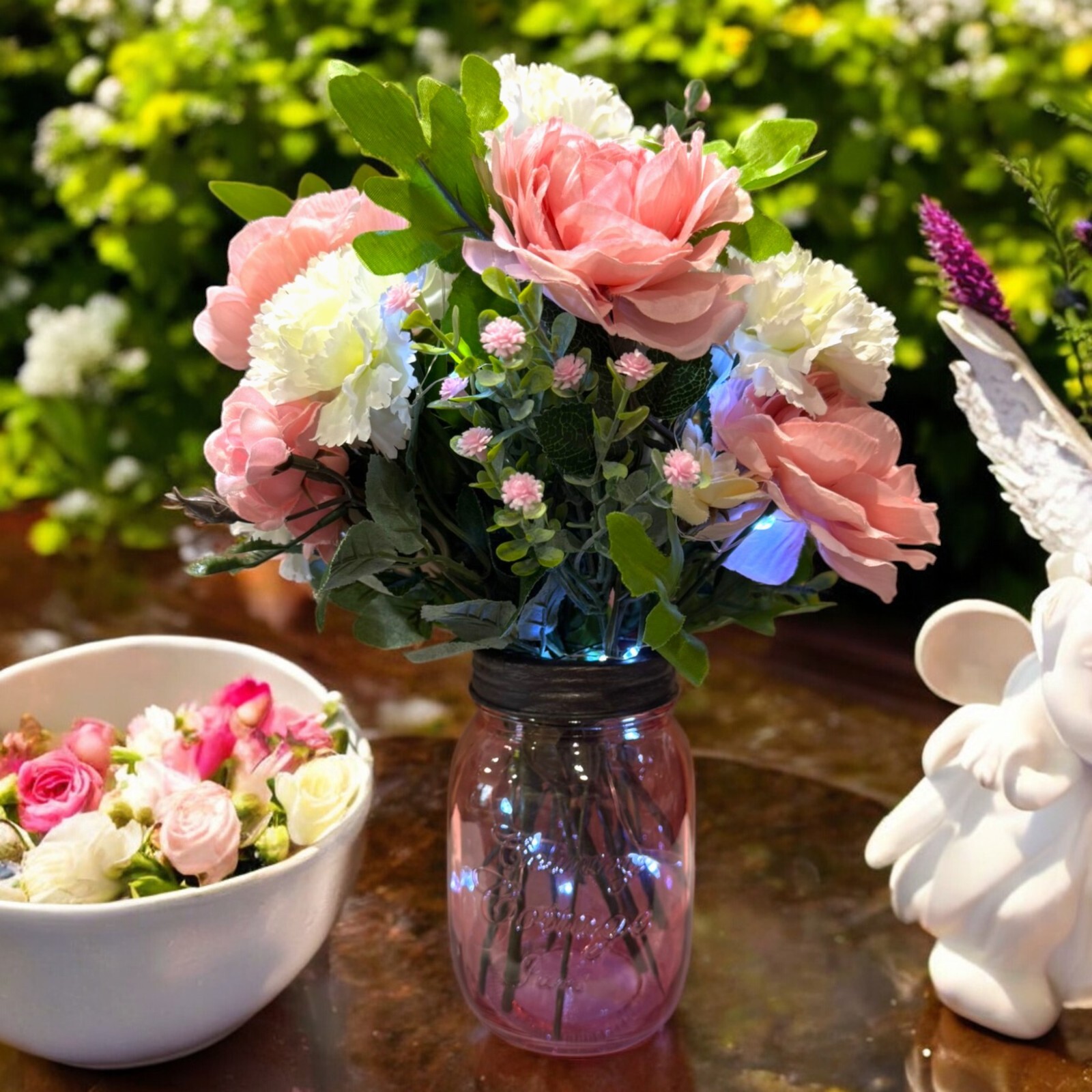 Pink Rose Carnation LED Lighted Flowers Country Farmhouse Mason Jar Mother’s Day