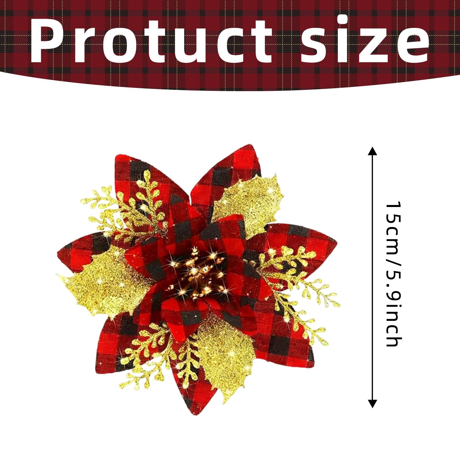 12 PCS Christmas Glitter Artificial Poinsettia Red Flowers Tree Decoration