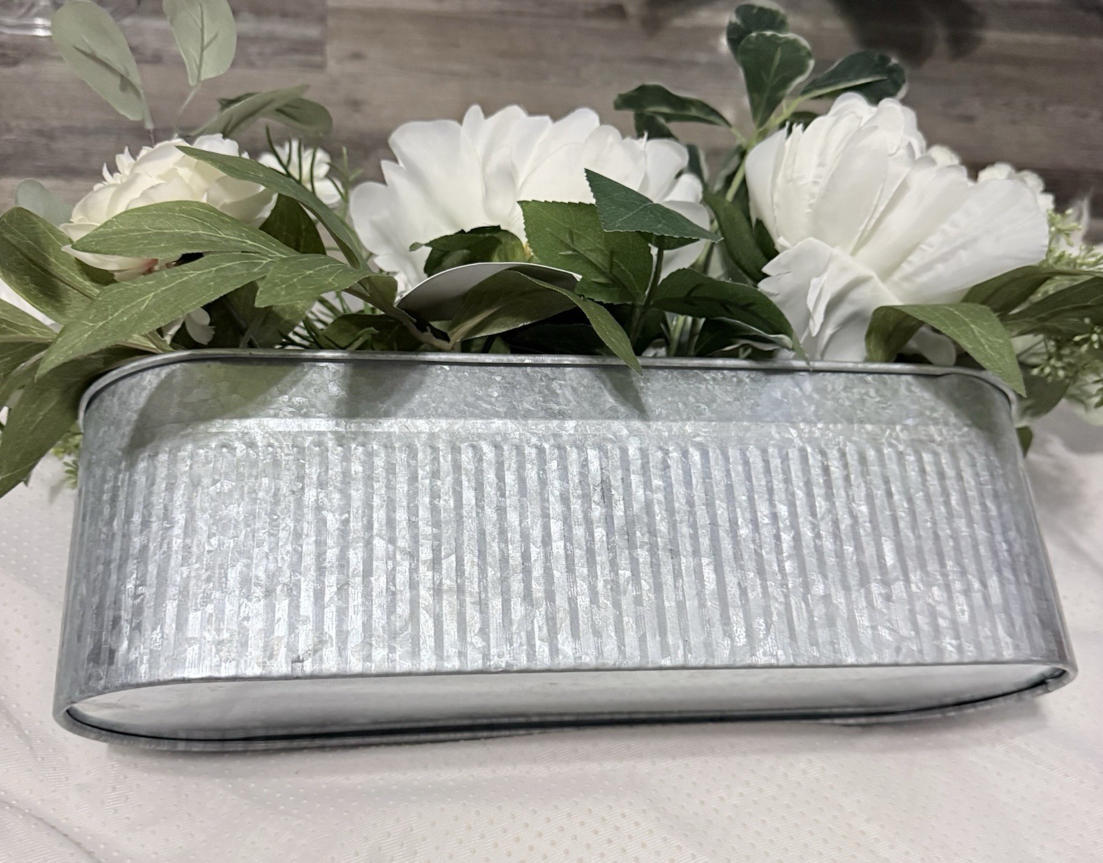 Hobby Lobby Artificial Peony Arrangement White Green Silk in Metal Container