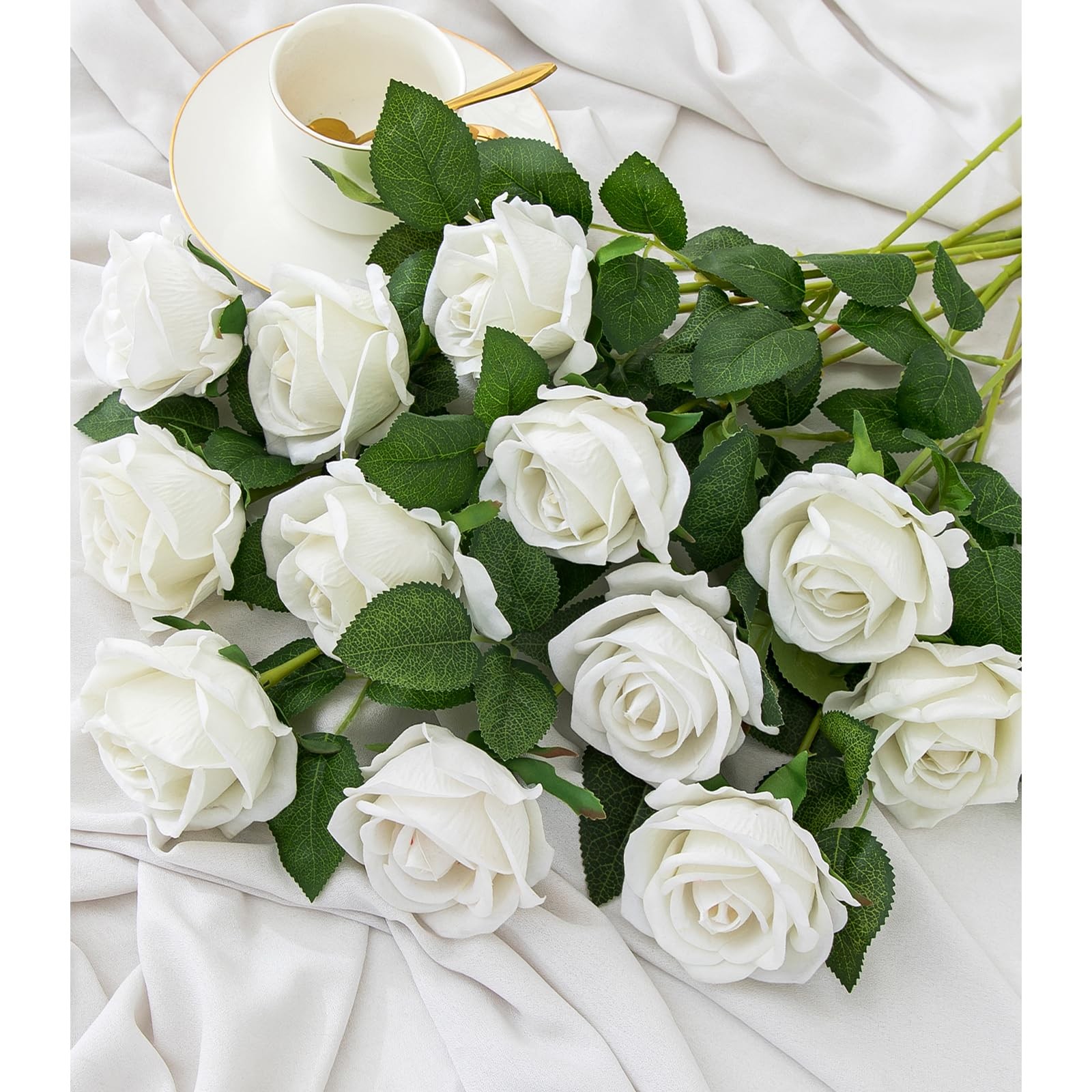 12PCS Artificial Flowers Fake Roses, Realistic Velvet Long Stem Red Roses Bou…