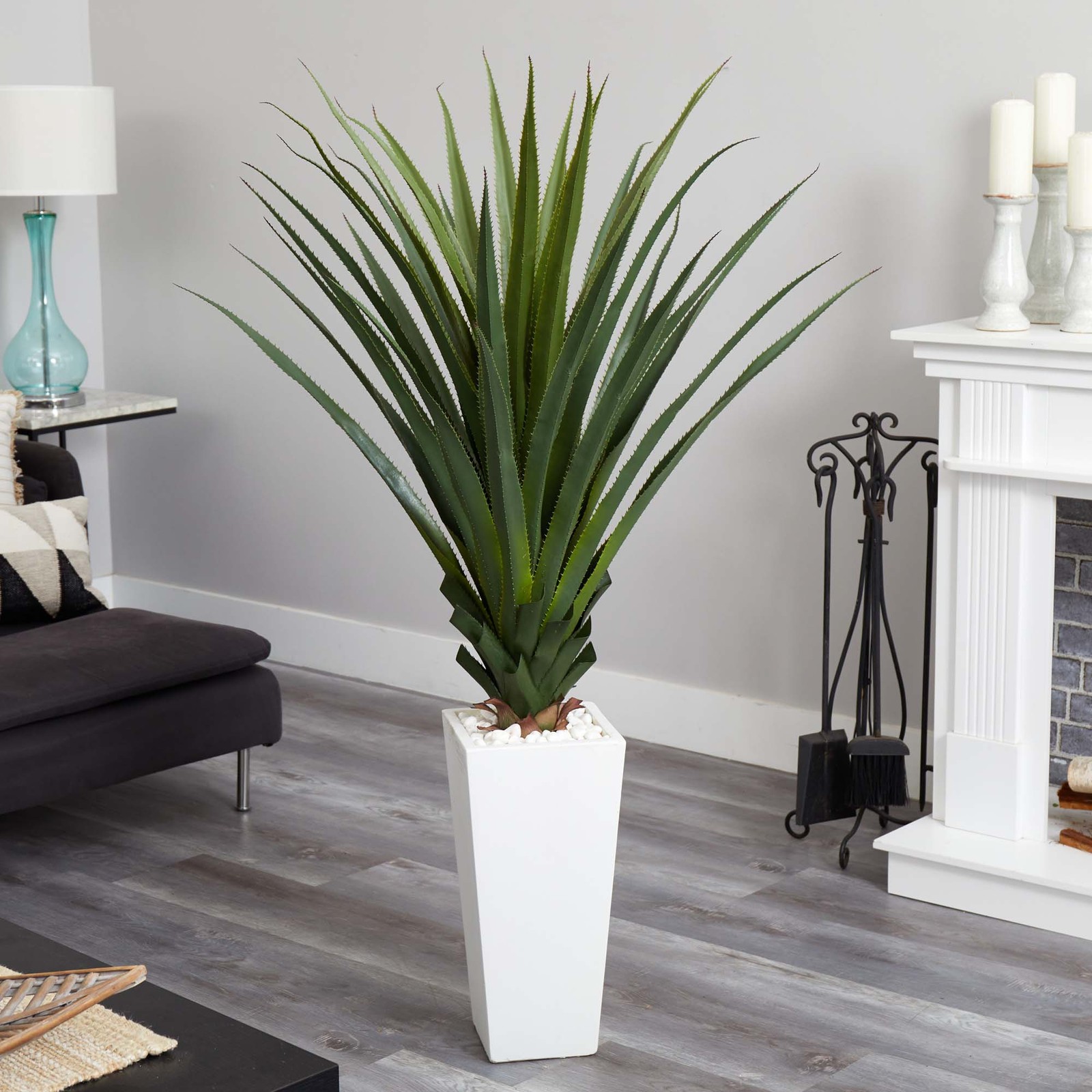 Nearly Natural 5ft Spiky Agave Artificial Plant in White Tower Planter in Green