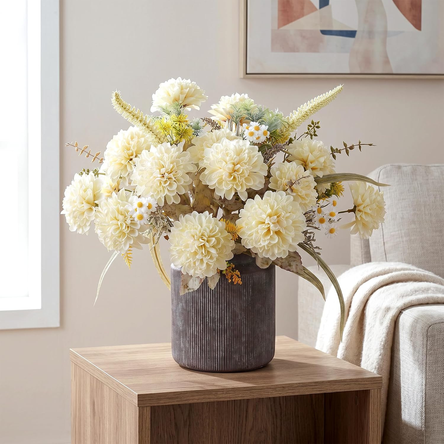 Beige Silk Chrysanthemum Flower Ball – 2 Pack for Home Decor & Vases