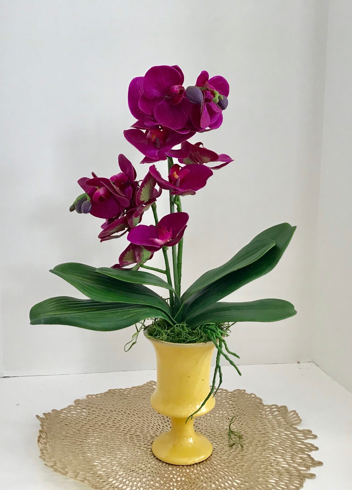 Silk Floral Arrangement with White Purple Silk Orchids, in a Yellow Art Deco Vas