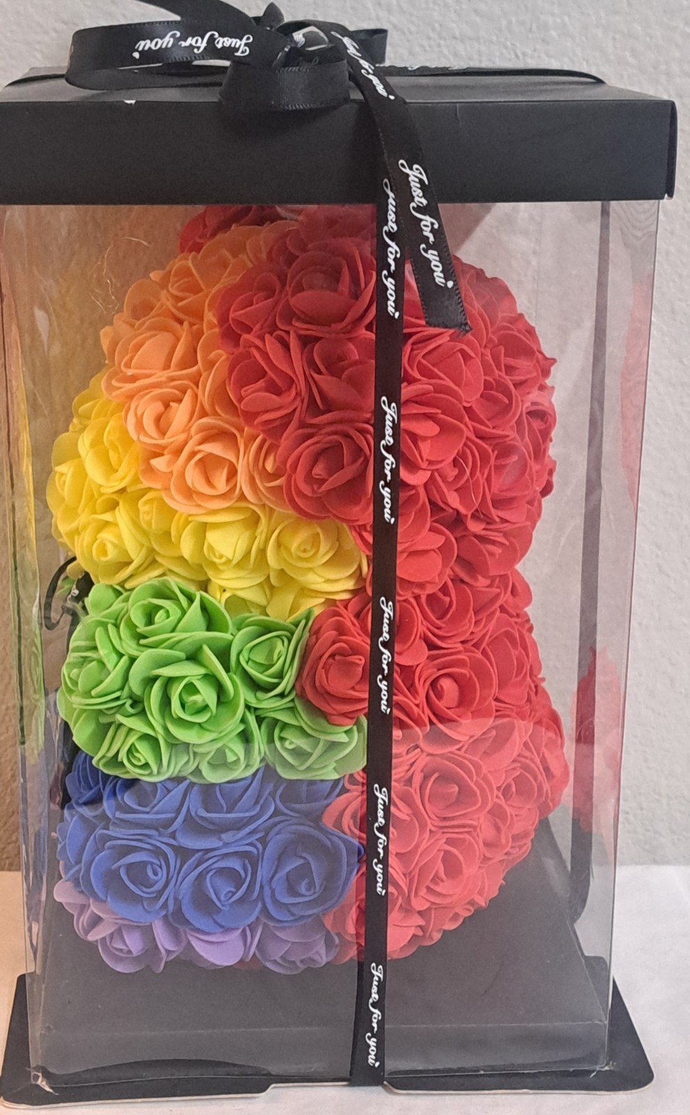 Rainbow Rose Teddy Bear Artificial Flower Bear Gift in Display Box