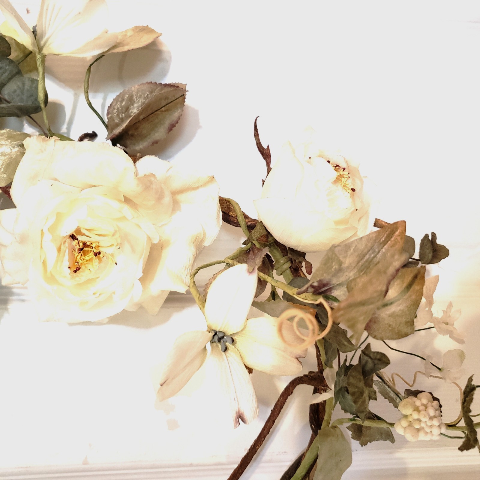 Vintage White Rose and Dogwood Wreath, Wedding Wall Hanging