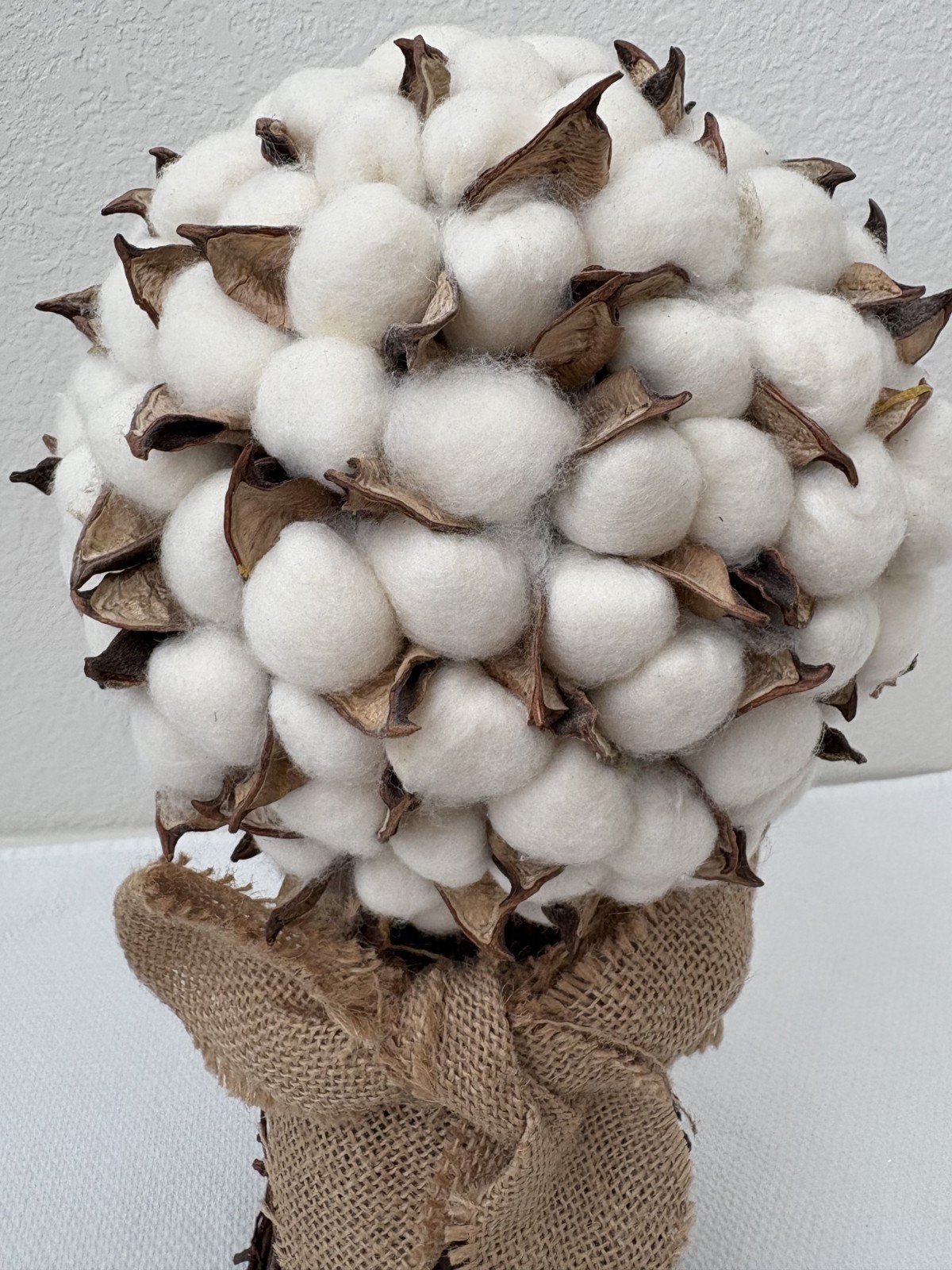 Cotton Stalk Bouquet Combined with Burlap Ribbon, Home Decor 13″x7″ (5″ at base)
