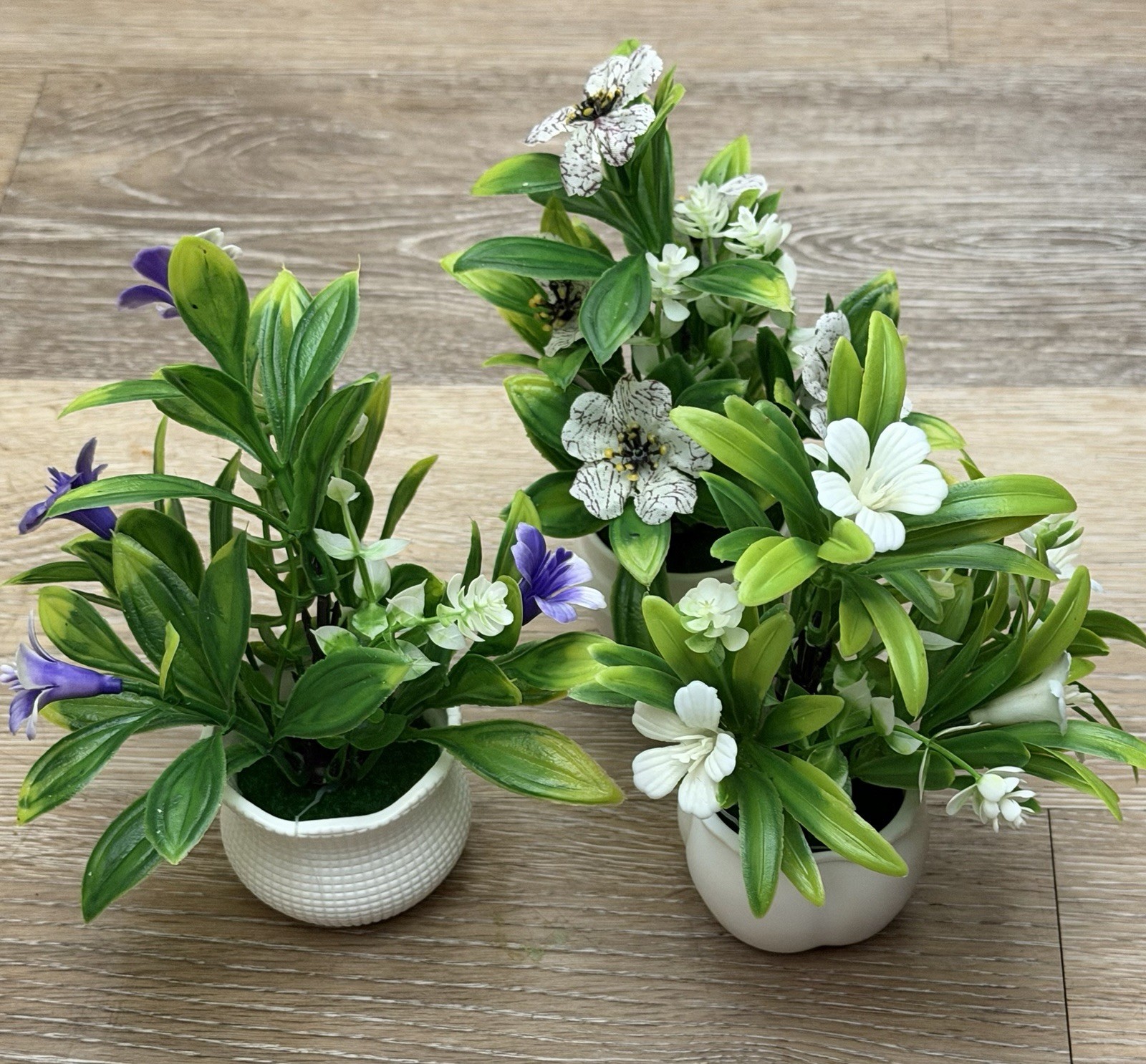 Set of 3 Artificial Flower & Greenery Plants in White Pots – Home Décor (SKU 001