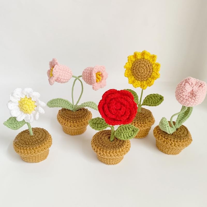 4 PCS Crochet Flowers Potted Plants Hand Knitted Artificial Yarn Color#C