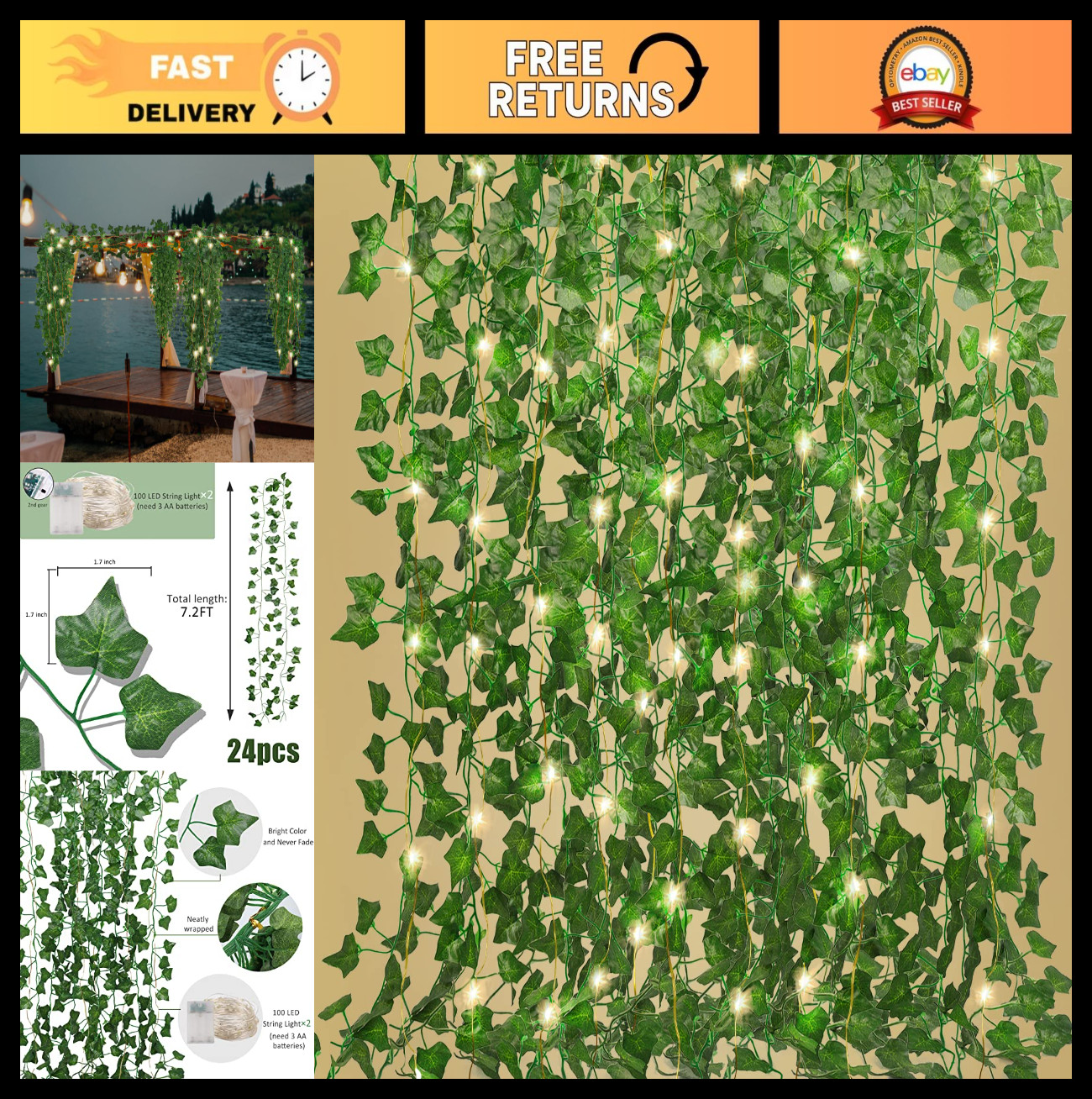 24 Pack Ivy Fake Vines 173 FT Artificial Greenery Garland with 200 LED Lights fo