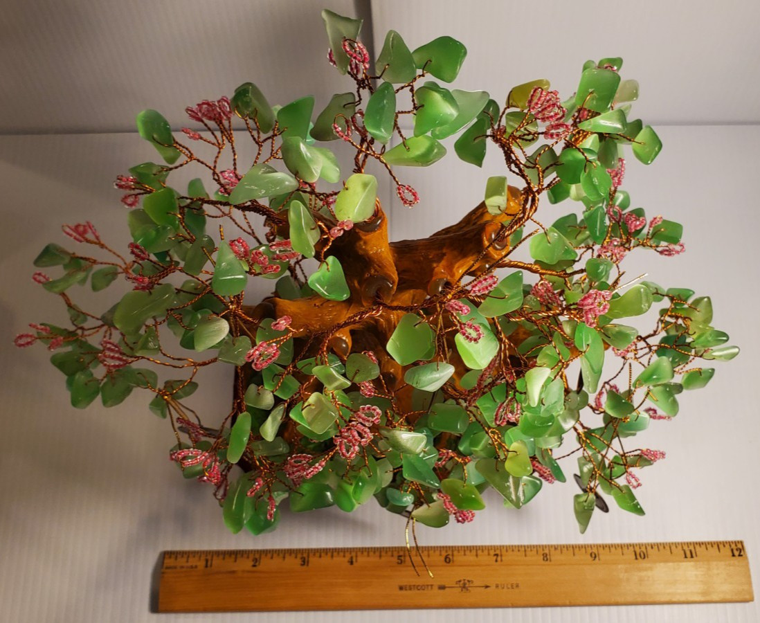 Vintage Bonsai Pink Flowers Green Glass Leaves Good Luck Money Coin Tree