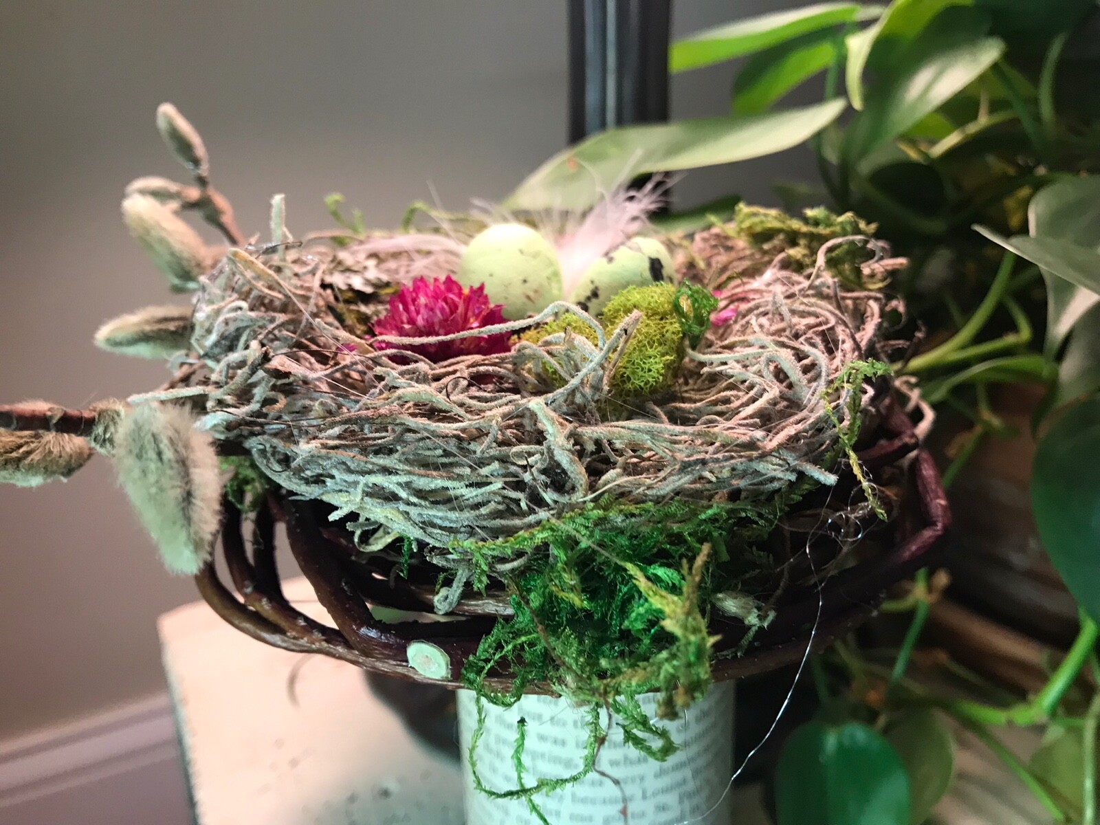 Birds nest on pedestal|Spring decor|natural & faux elements|5 1/2”