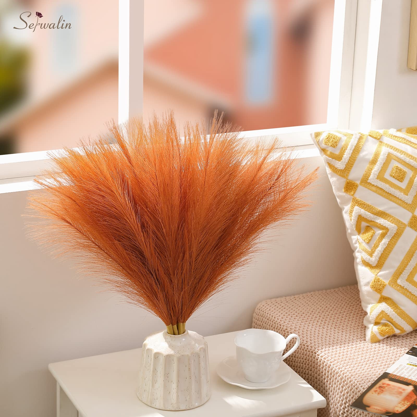 Pampas Grass Decor 17.7 Inch 6 Pcs Orange Pampas Grass, Faux Burnt Orange Pam…