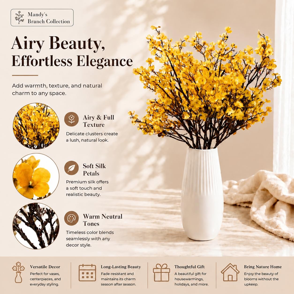 6 PCS Dark Yellow Artificial Babys Breath Flowers 18.5 Inch Silk Gypsophila