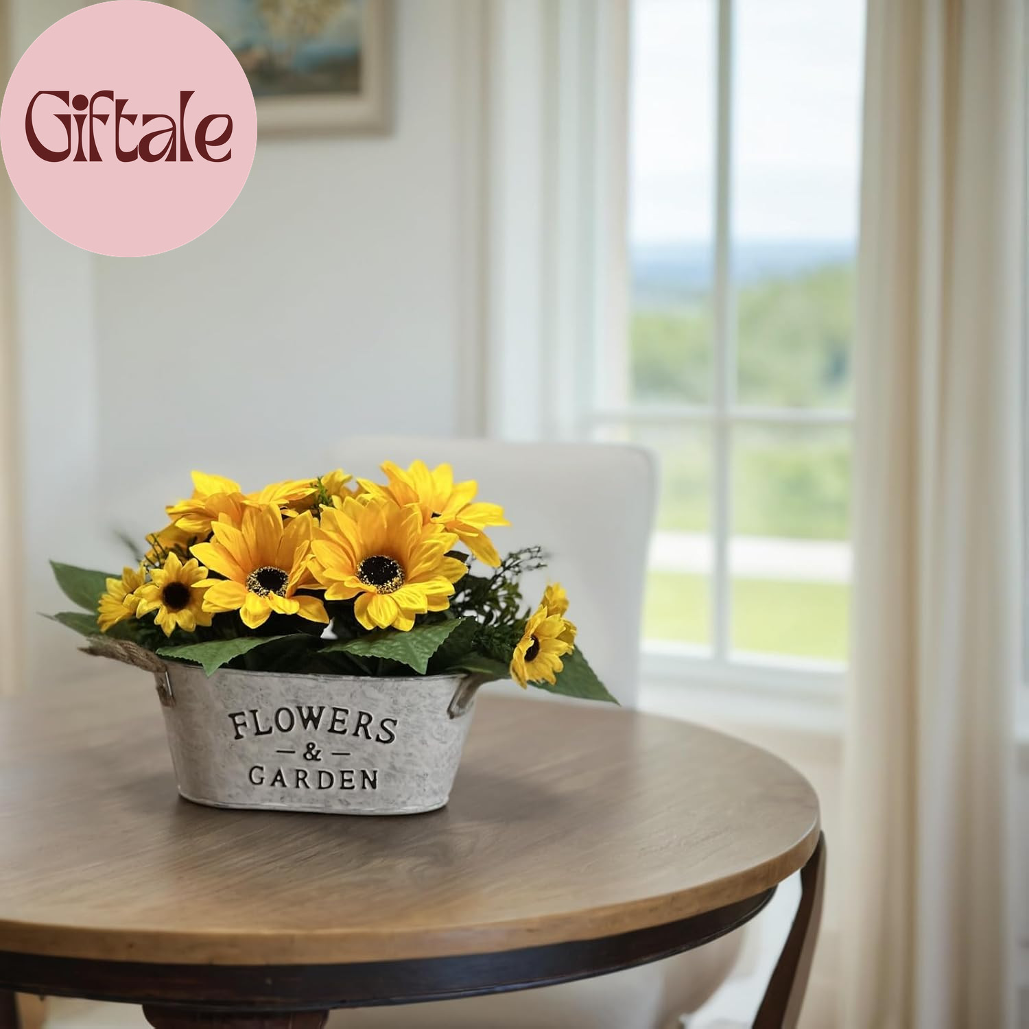 Artificial Flowers in Pot 8″ Tall Faux Silk Sunflowers with Metal Planter, Fake