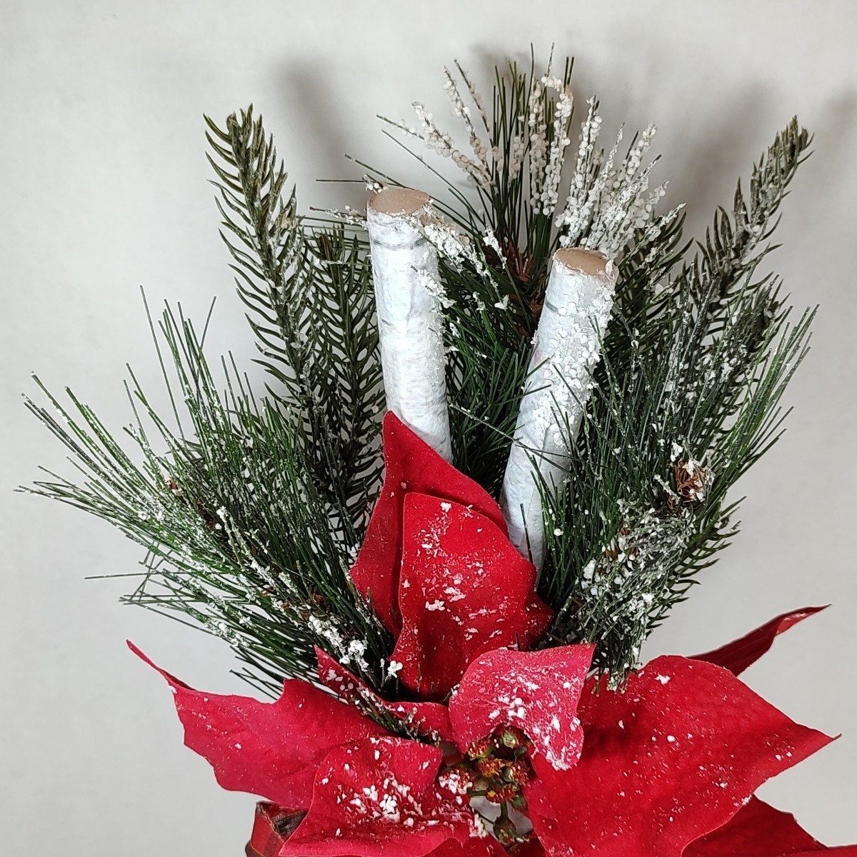 Red Plaid Holiday Christmas Flower Floral Bouquet Arrangement Poinsettia Birch