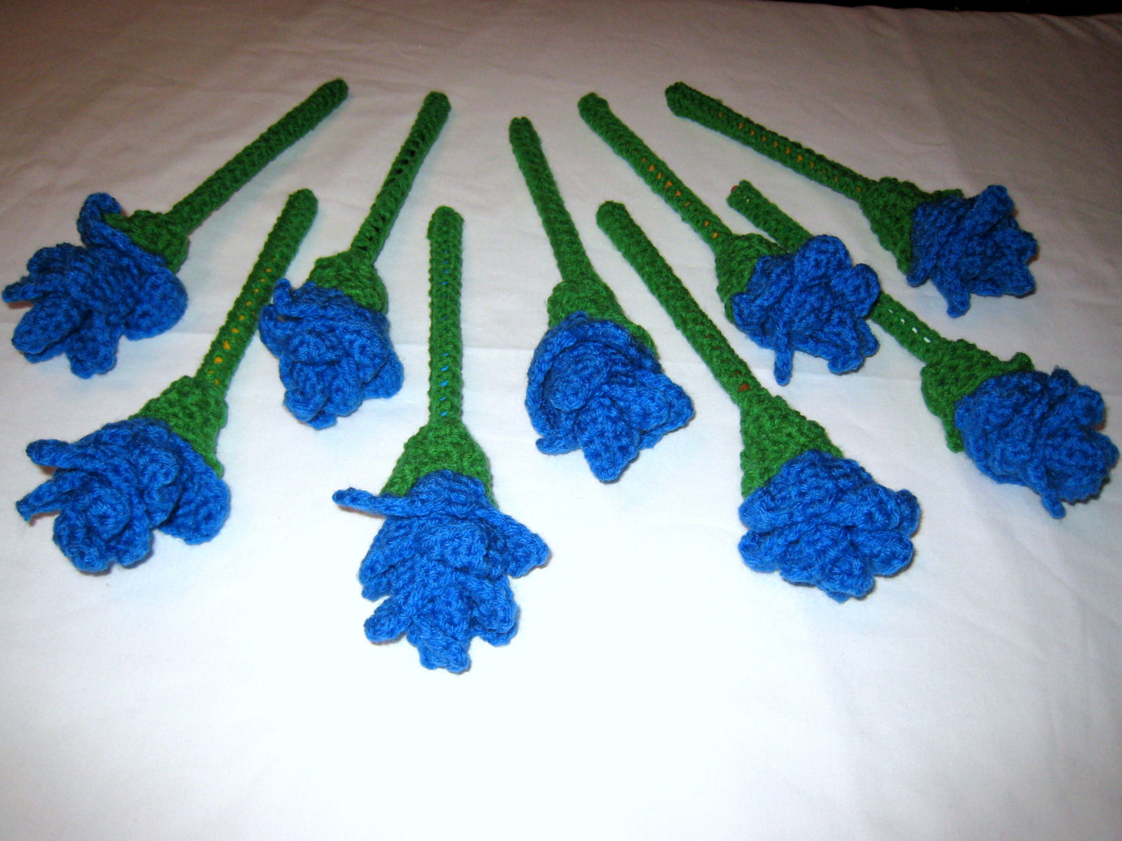 7 HANDMADE Knit CROCHET Bouquet of LONG STEM Blue ROSES Flower FLORAL Home DECOR