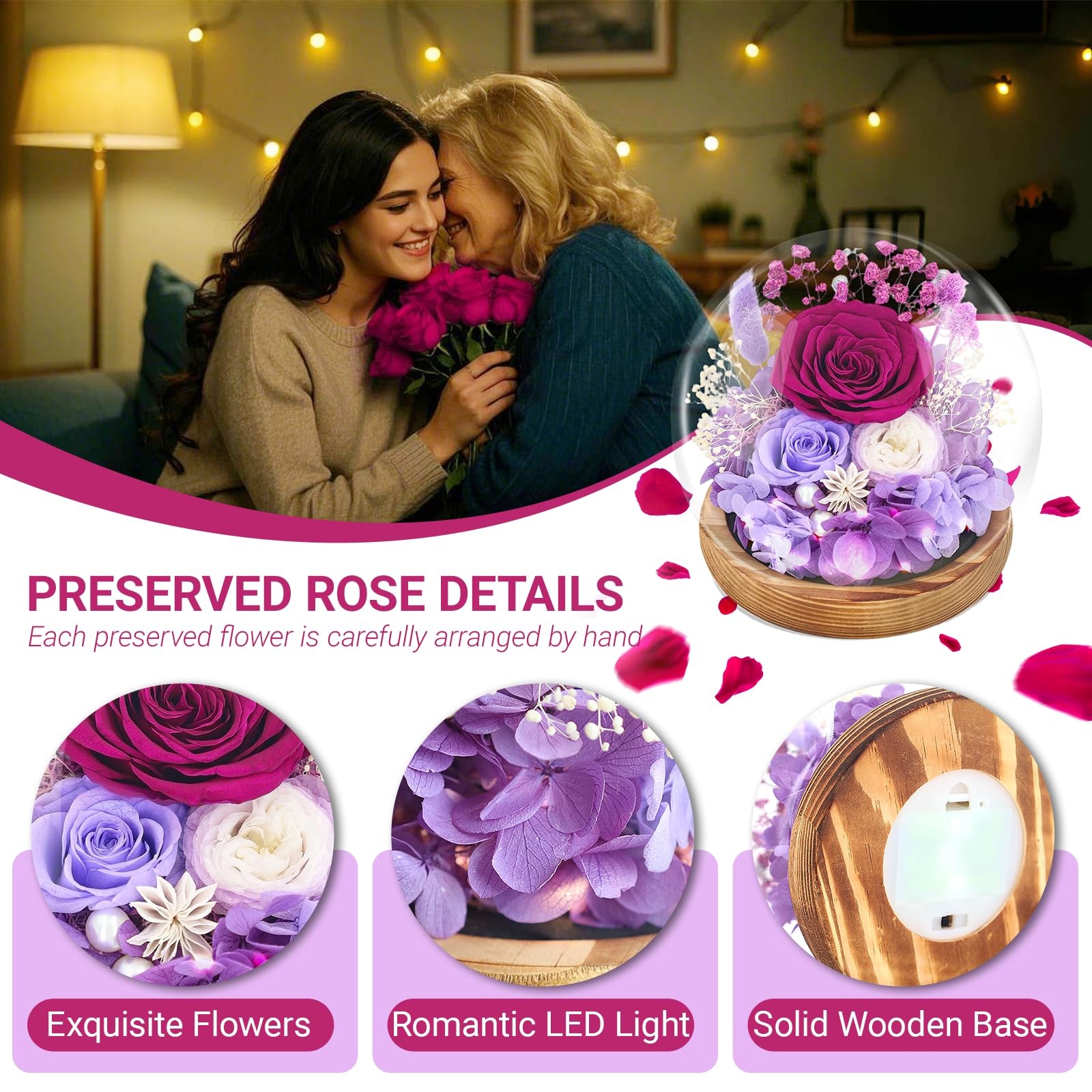 Preserved Flowers Roses in Glass Dome, Forever Flowers for Delivery Prime, Etern