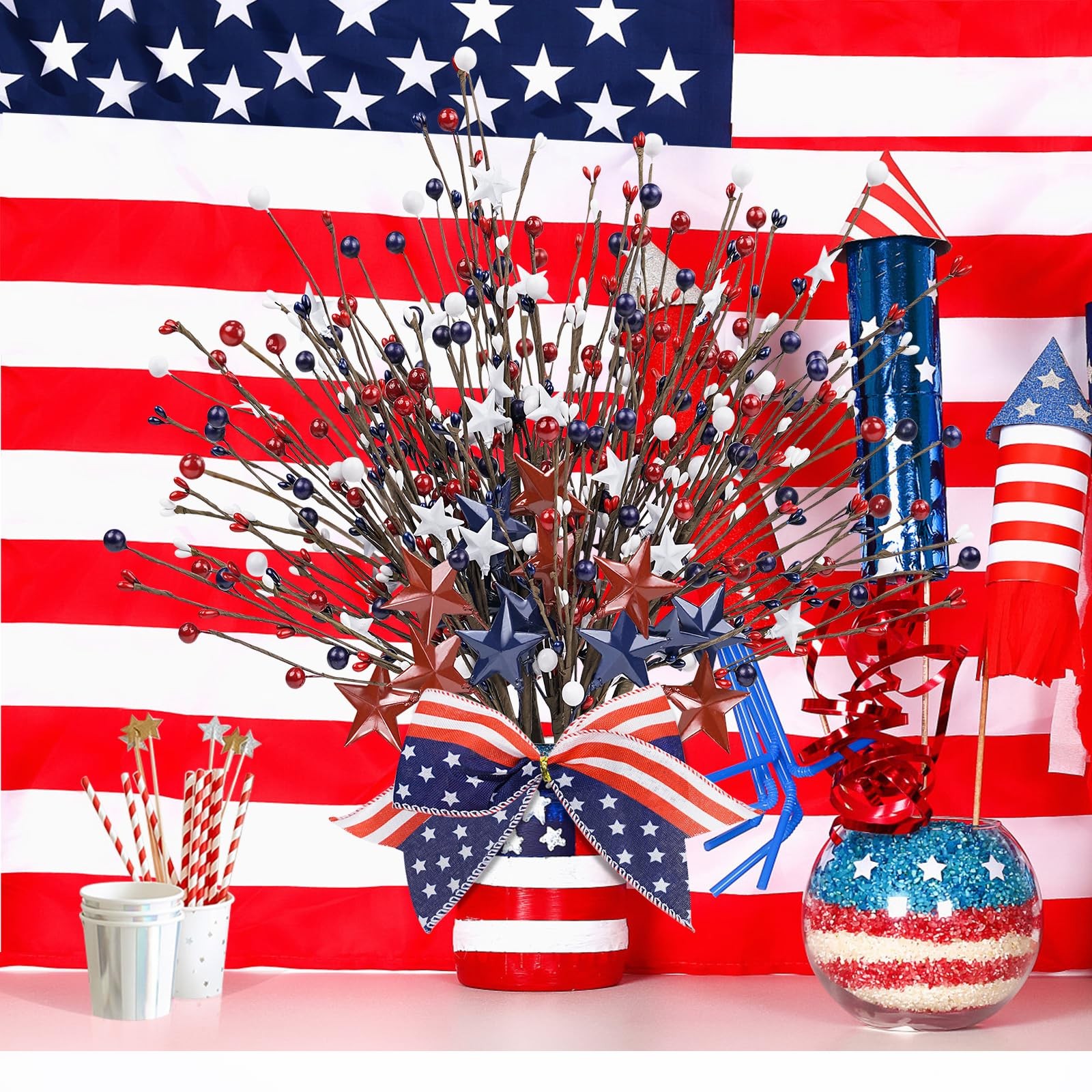 8 Pack Patriotic Artificial Berry Stem Picks,17.5” Red White Blue Stars with …
