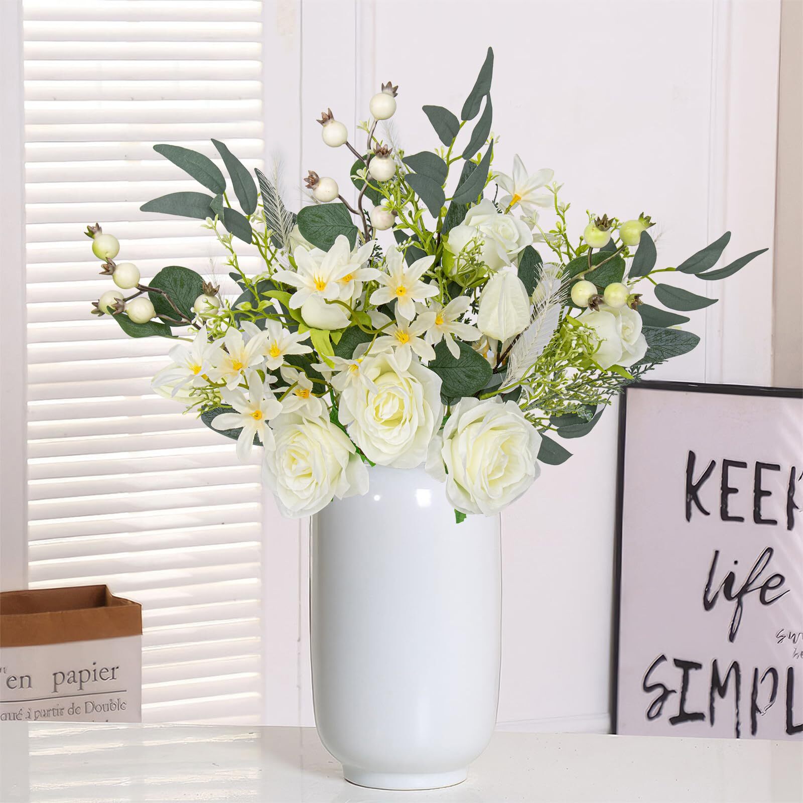 Silk Flower Bouquet, 6 Stems, Rose & Berries, Home Decor (White)