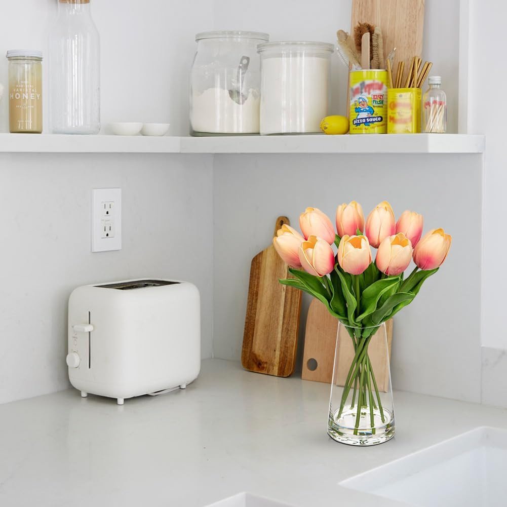 Realistic Peach Tulips in Glass Vase with Faux Water – Spring Table Centerpiece
