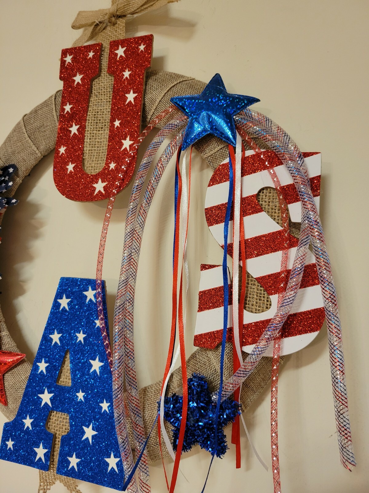 USA sparkling red white blue burlap Door WREATH patriotic 4th of July fireworks