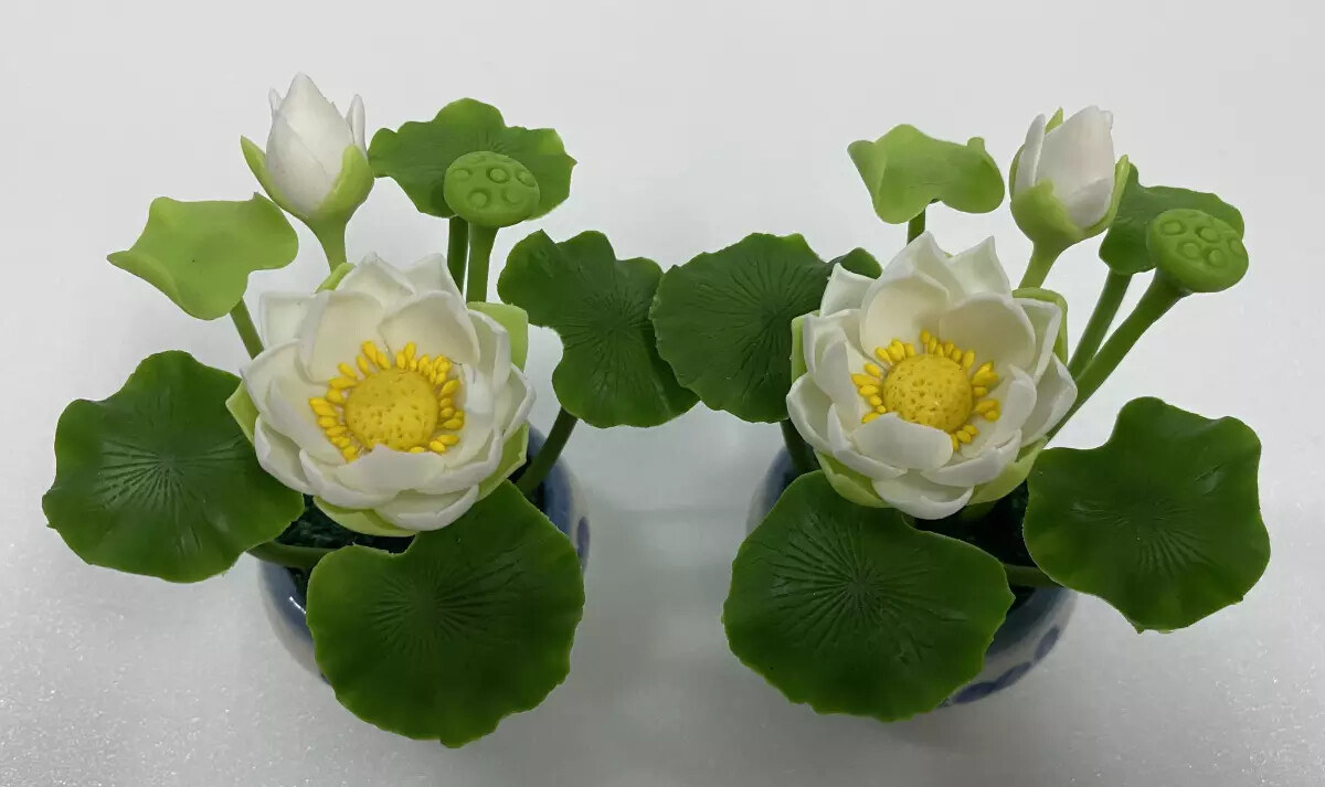 3″ Thai Handmade Lotus Clay Flower Artificial Plant Miniature Worship White Pair