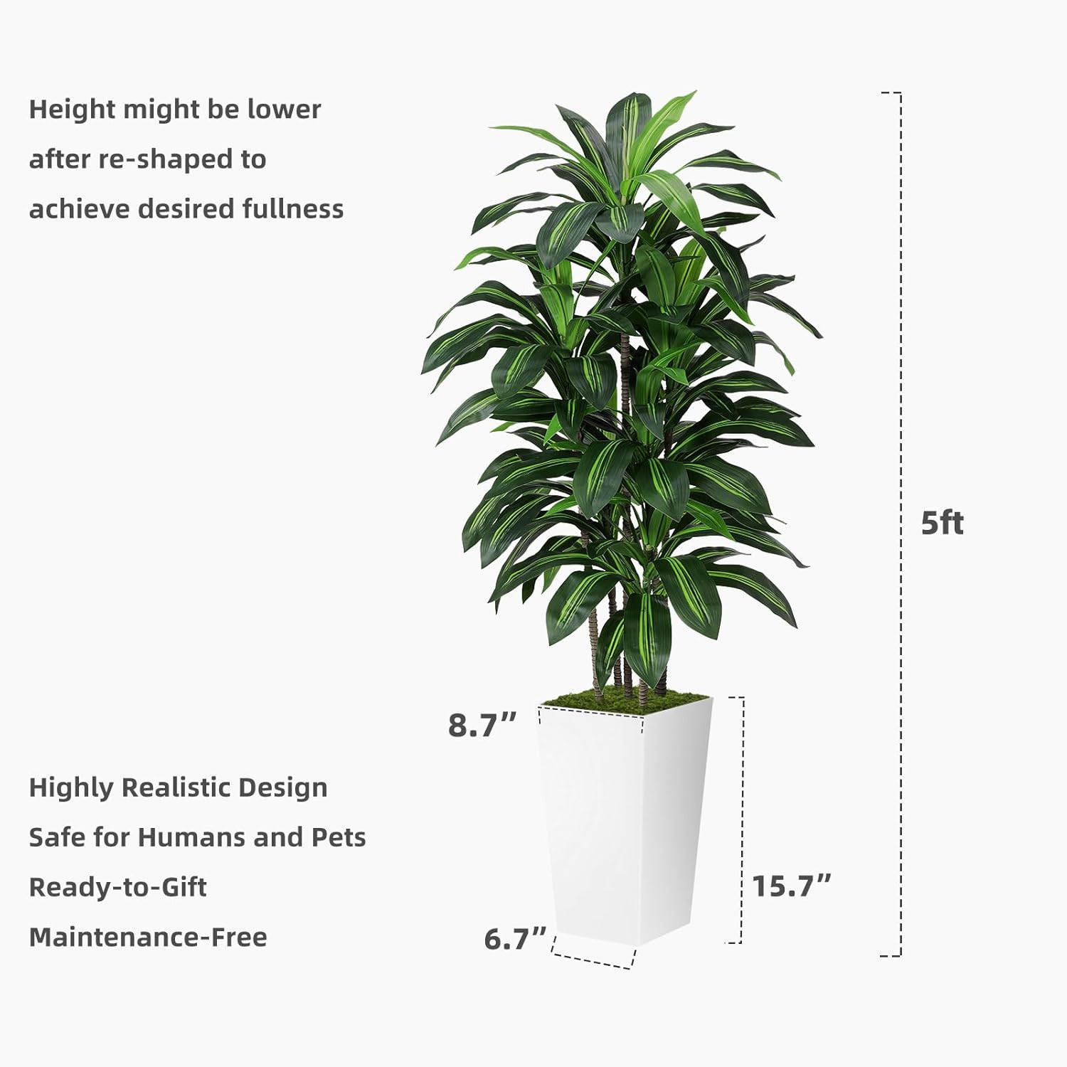 5FT Artificial Dracaena Plant – Faux Yucca Tree with White Planter for Home, Off