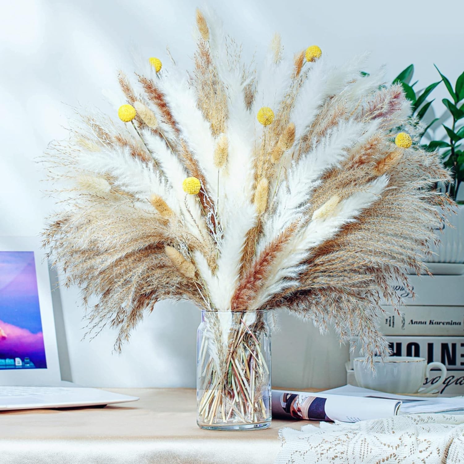 100PCS Natural Dried Pampas Grass Decor – 17.5″ Fluffy Pampas Grass Bouquet -…