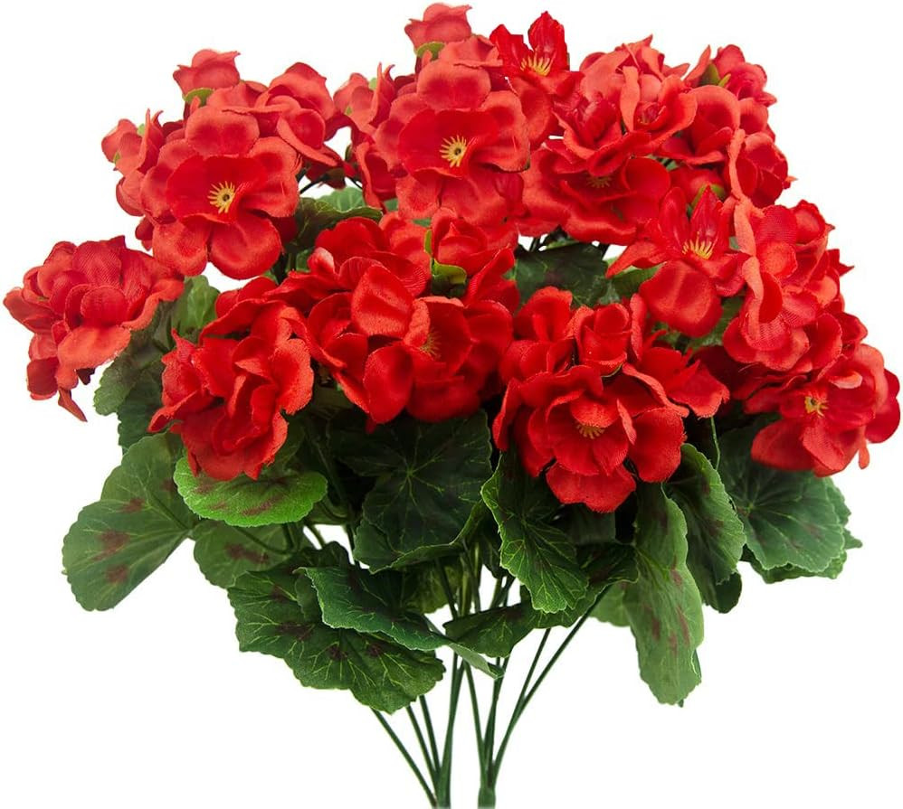 2 Pcs Artificial Red Geranium Bush Faux Flowers Geraniums Silk Flowers Outdoor P