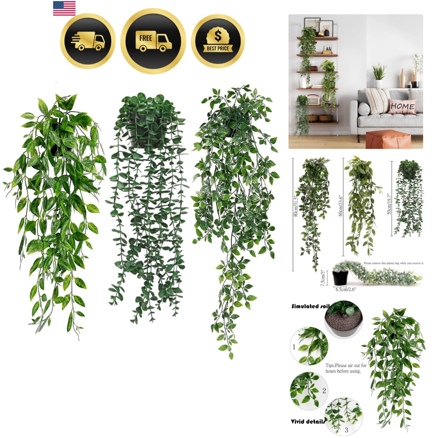 Fake Plants Artificial Indoor Faux Hanging Plants Greenery Eucalyptus Green D…