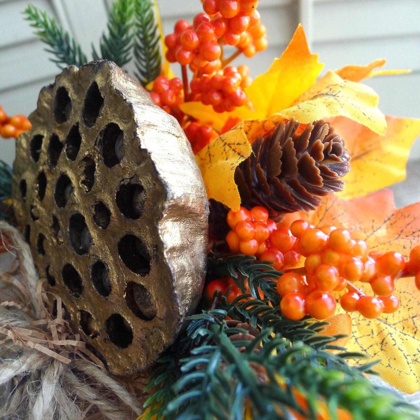 Petite Rustic Fall Floral Arrangement, Gold Lotus, Berries, Pine, Autumn Leaves