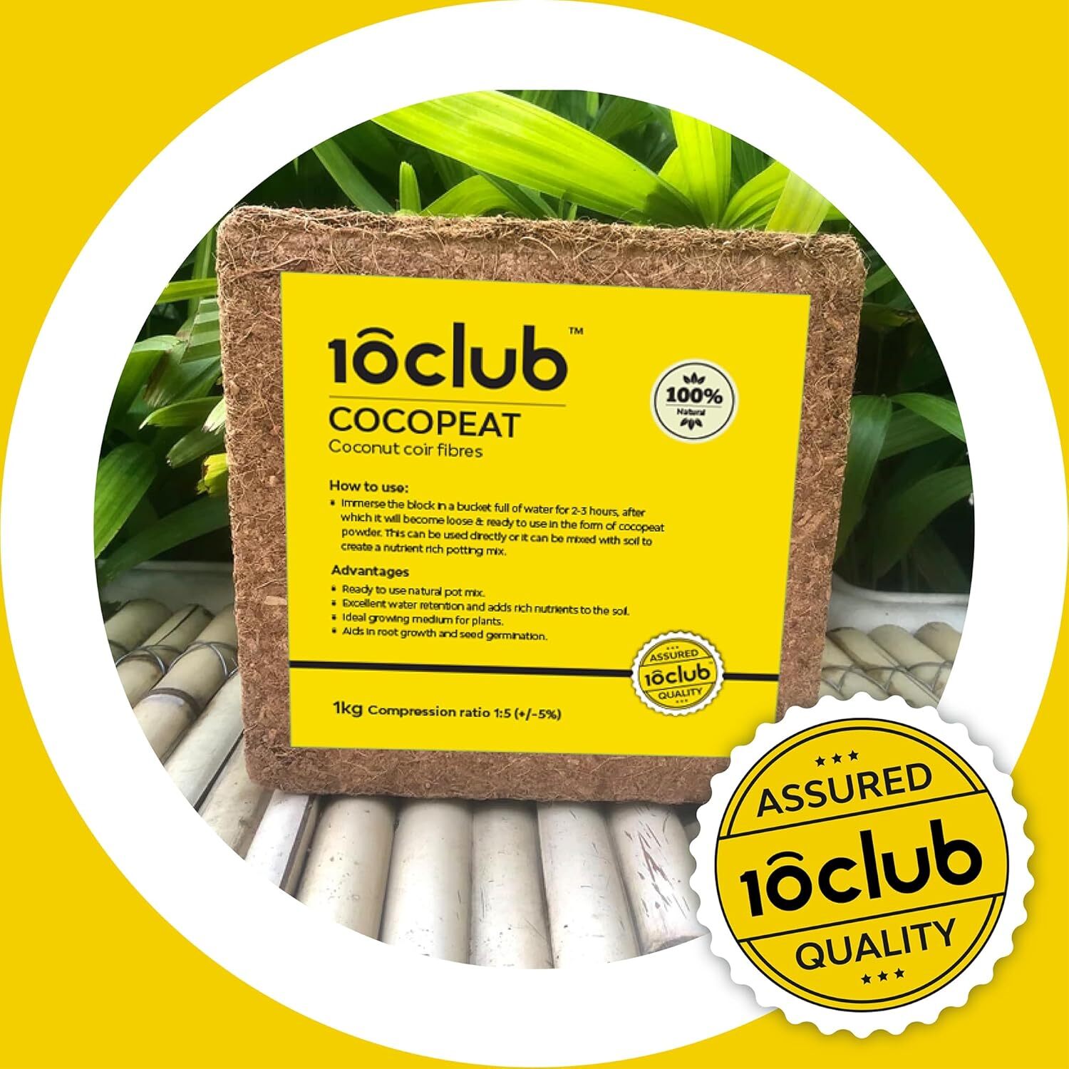 10CLUB Cocopeat for plants 1kg Block 100% Natural for Indoor & Outdoor Plants