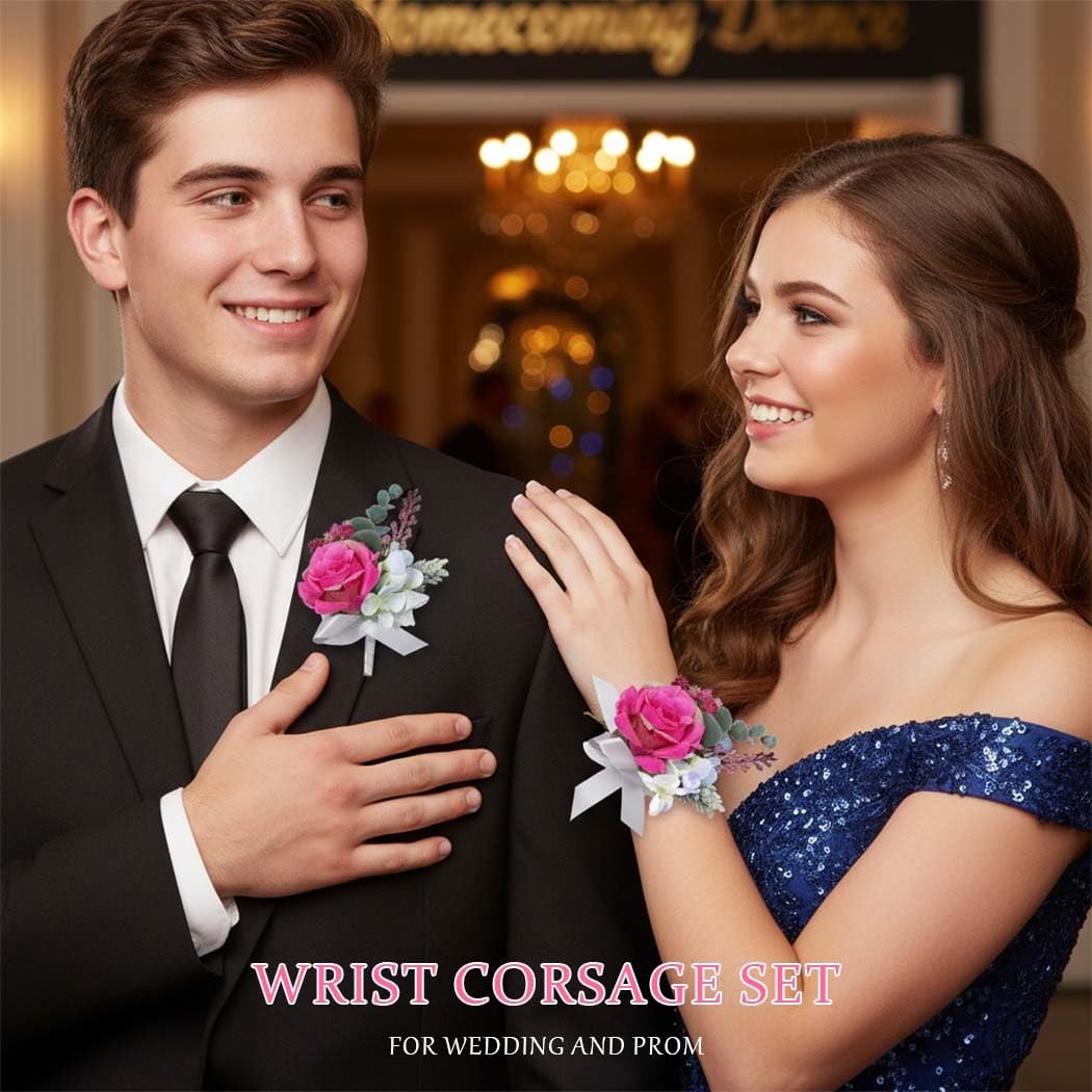 Pink Wrist Corsage Boutonniere Set Prom Wedding Bridesmaid Groom Accessories
