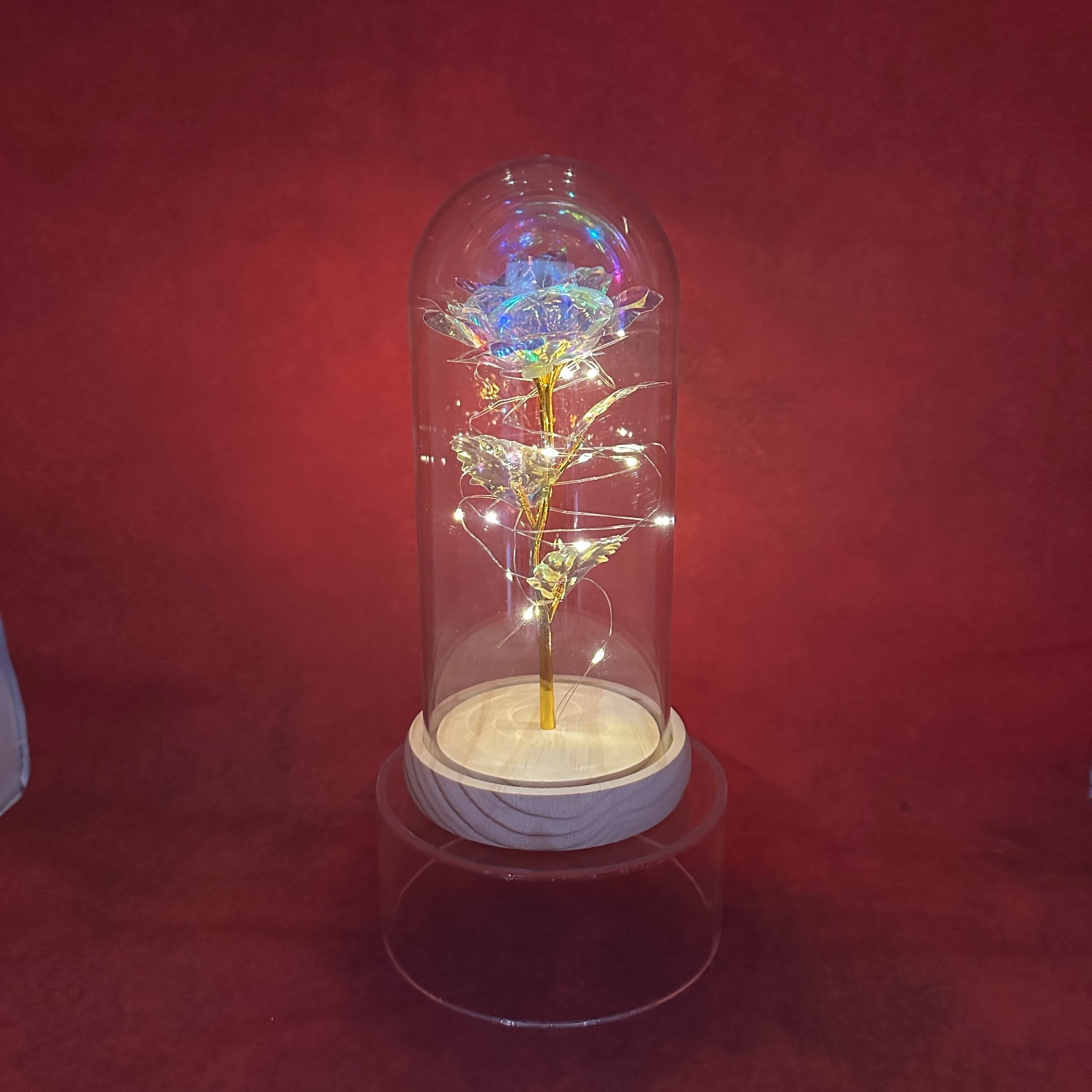 “ENCHANTED ROSE” FOIL FLOWER ENCASED IN A GLASS DOME WITH LED FAIRY LIGHTS