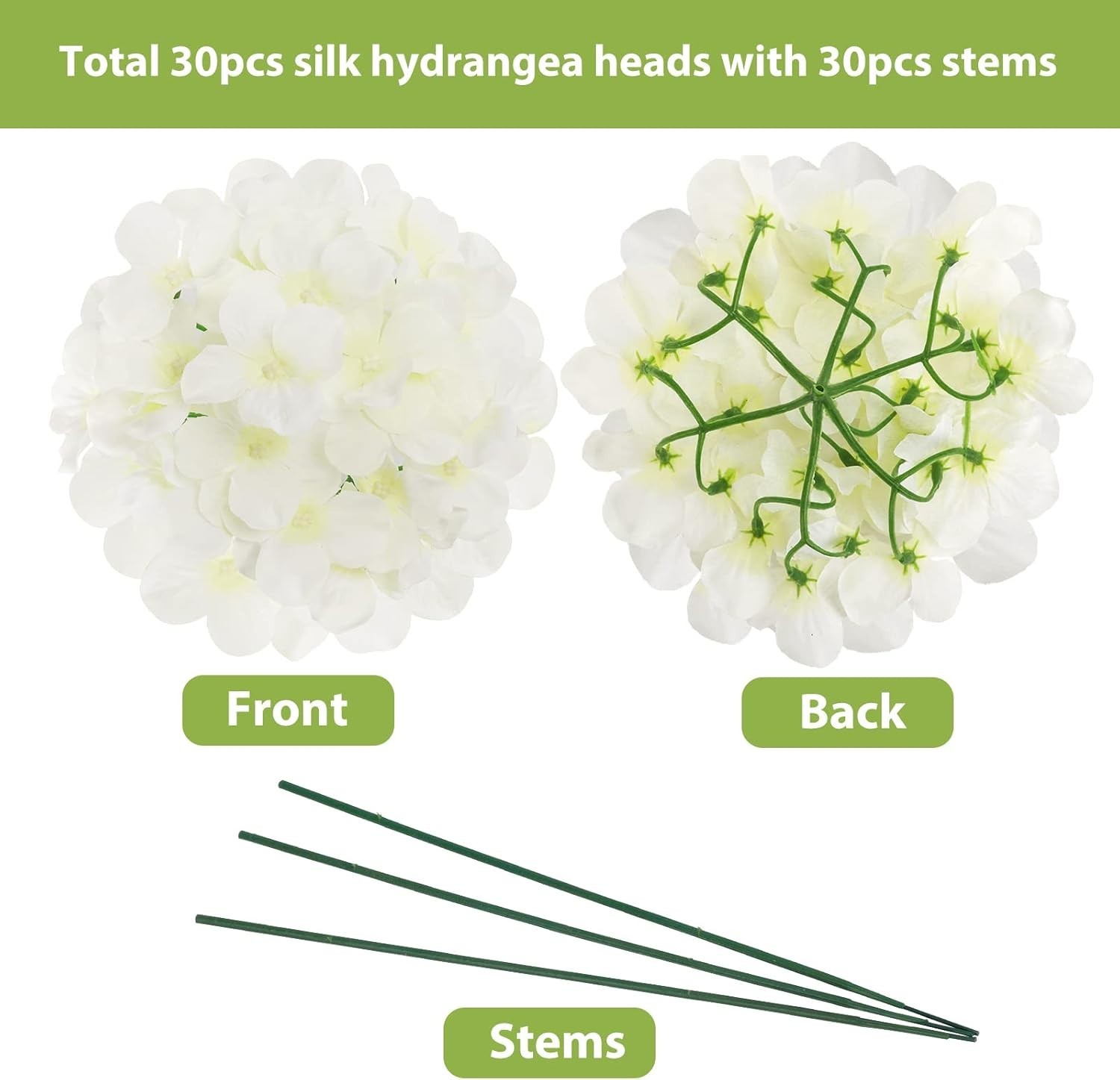 JPSOR 30pcs Artificial Hydrangea Silk Flower Heads with Stems, Fake (WHITE) NEW