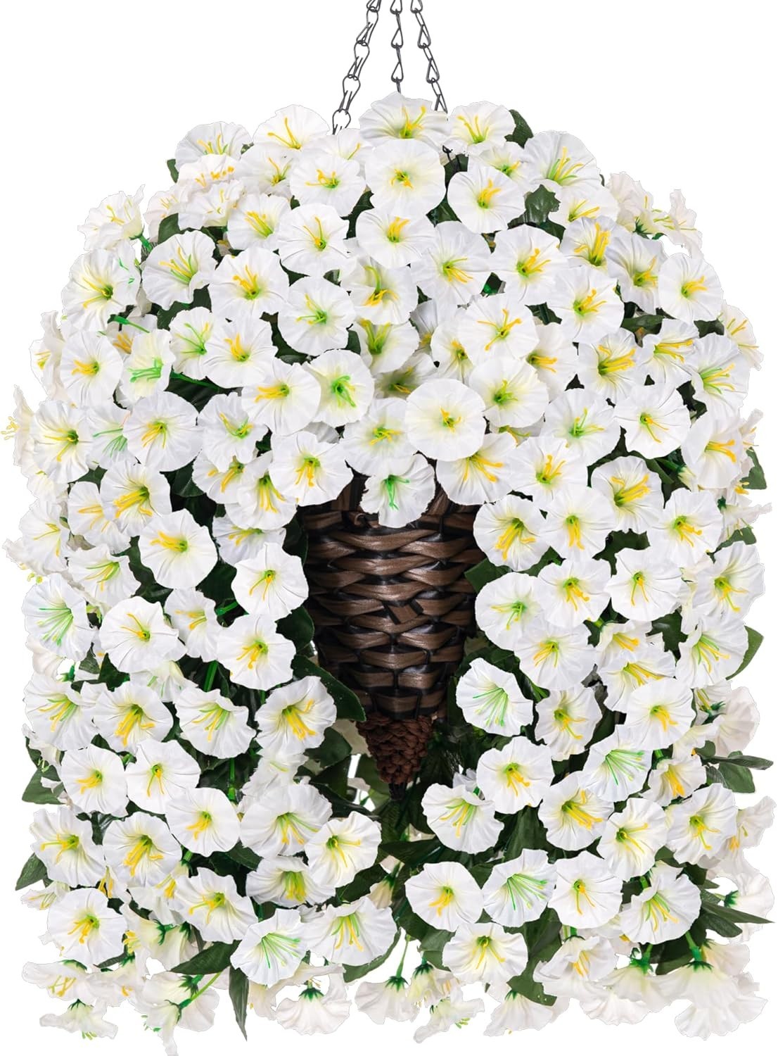 Indoor Outdoor Artificial White Morning Glory Flowers in Stylish Hanging Basket