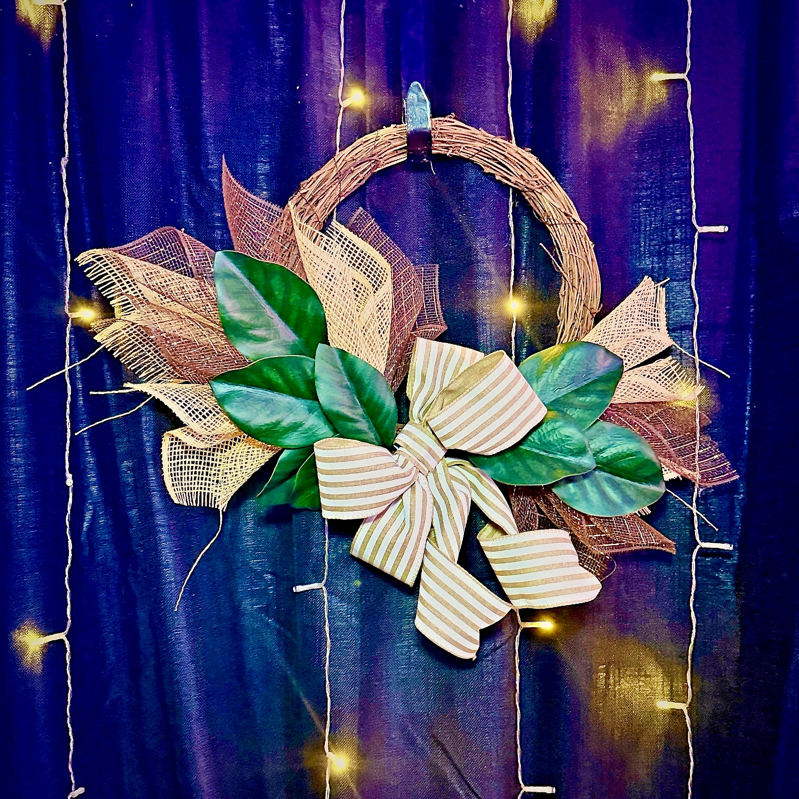 Rustic Grapevine Wreath – Farmhouse Home Decor – Modern Burlap Bow Door Hanger