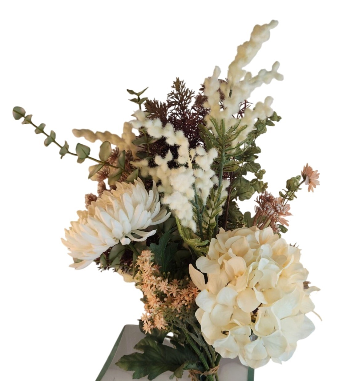 Artificial Floral Arrangement Beige Hydrangea & Cream Mum Bouquet Hand Tied