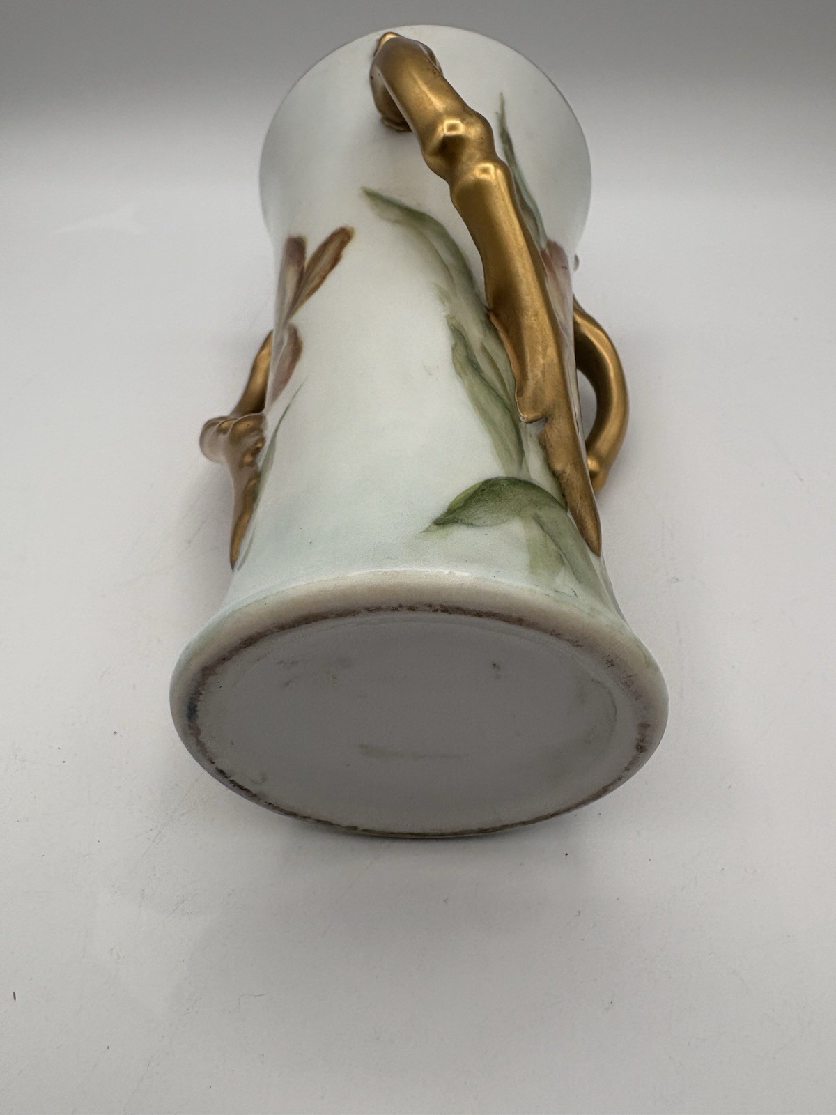 White Ceramic Floral vase with Gold Trim triple Handles, Pink Green Flowers