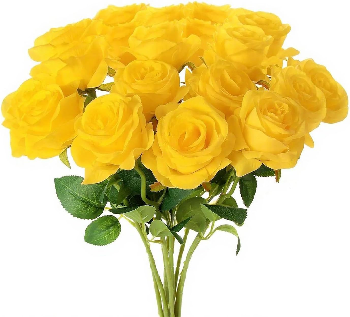 Yellow Roses Artificial Flowers 15 PCS, Fake Roses Silk Flowers with Long Stems