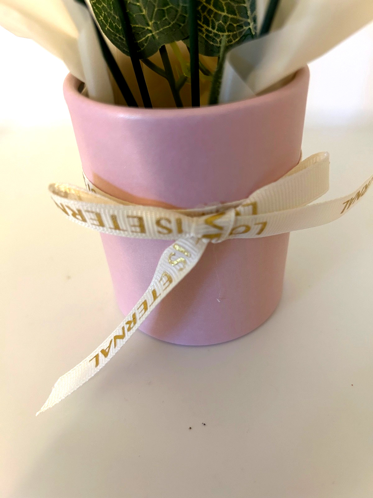Knitted White/Lt Yellow Flower Bouquet “Love is Eternal” Ribbon All Occasion
