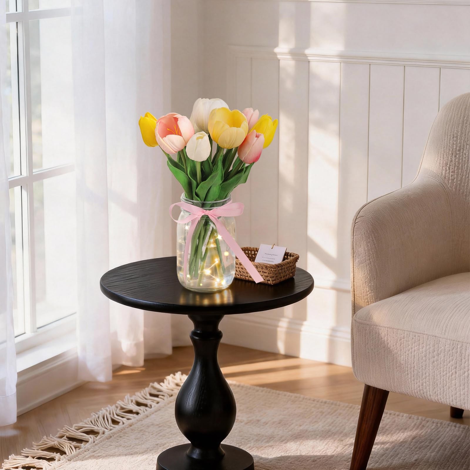 Artificial Tulips Flowers in Glass Vase with Faux Water, Real Touch Fake Tuli…