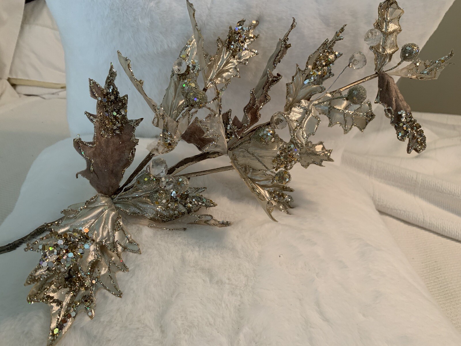 30” Leaf Cluster Floral Stem Decor Platinum Jeweled Glitter Christmas Wedding