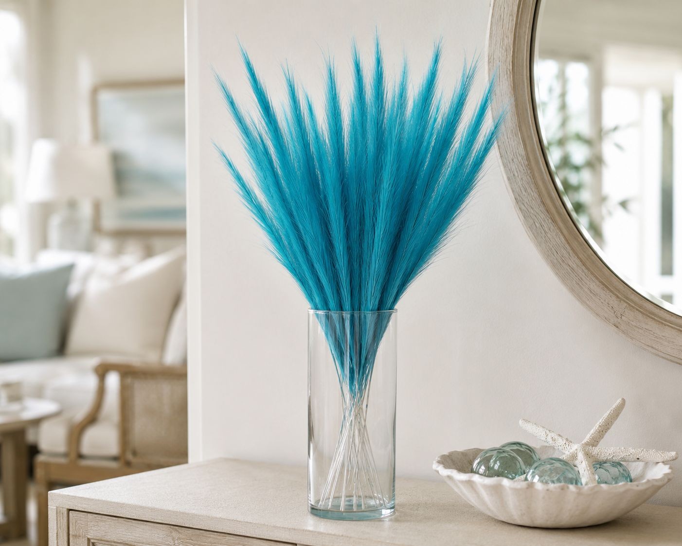 Turquoise Blue Artificial Pampas Grass 16 Inch 13 Stem Bunch, Wispy Coastal Vase