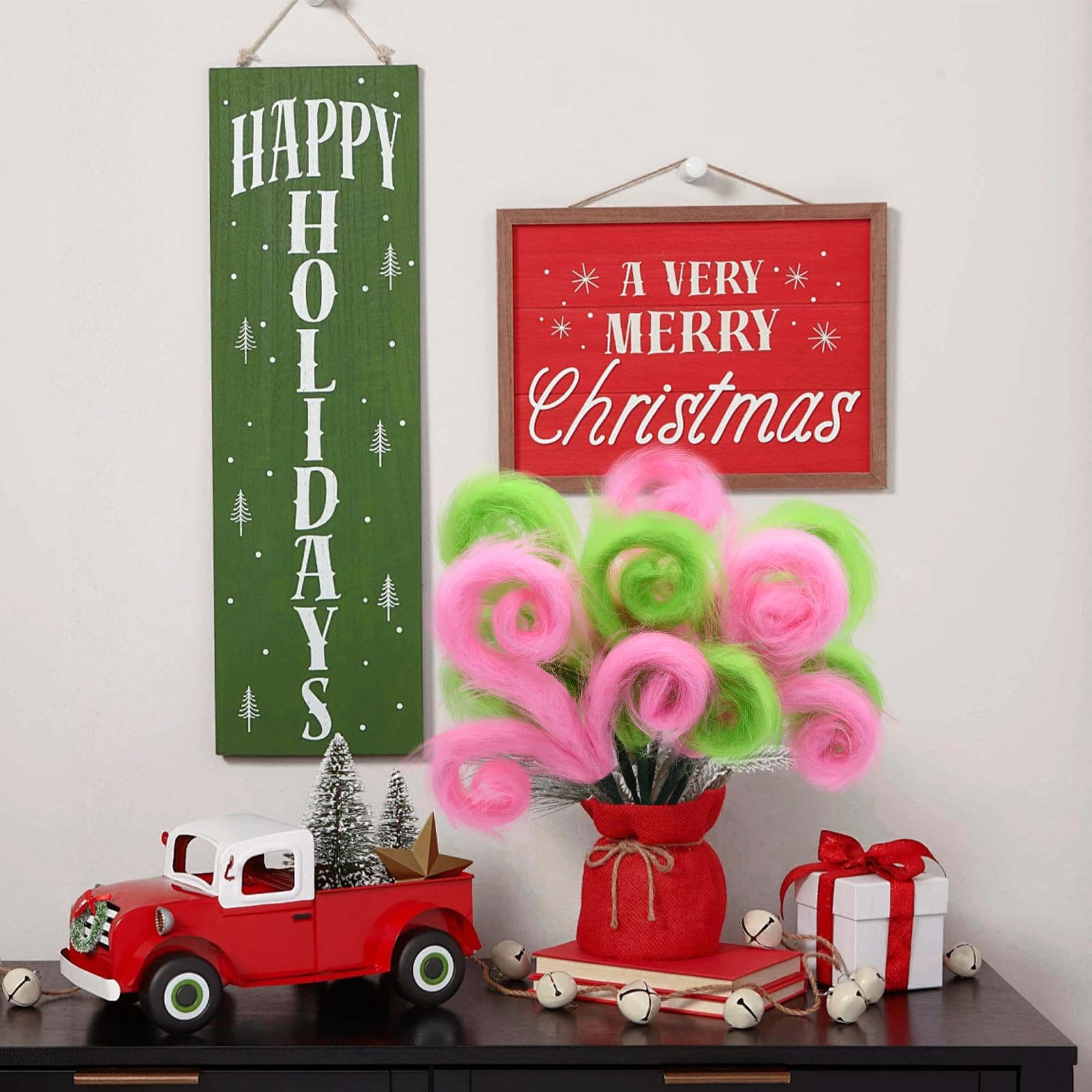 6 PCS Pink Green Furry Christmas Tree Picks Spiral Curly Elf Branches Decor