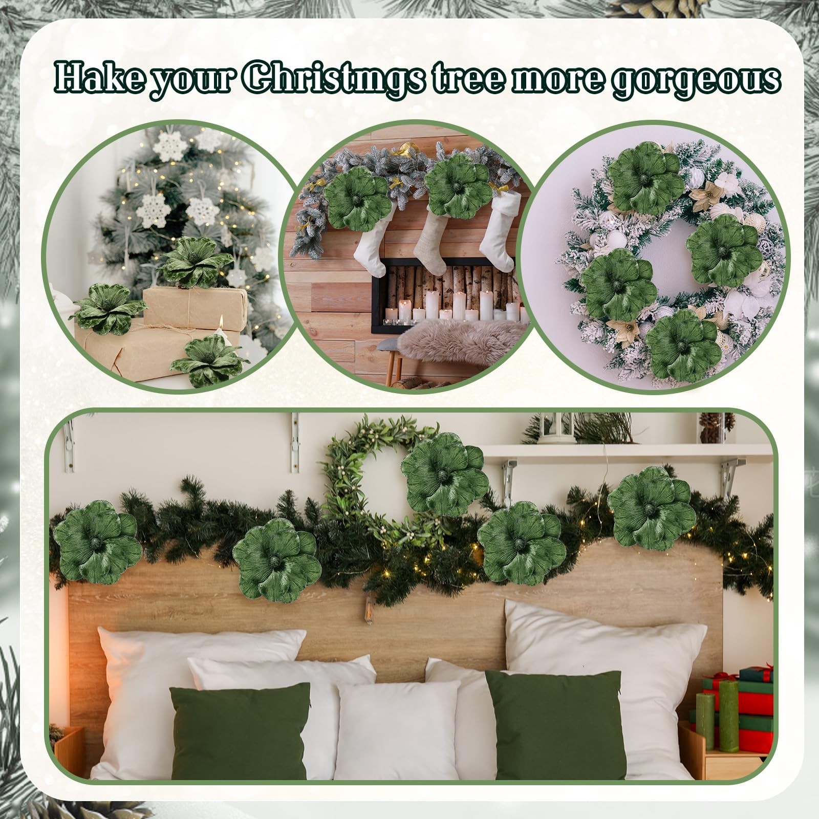 12 PCS Forest Green Large Velvet Christmas Poinsettia Magnolia Flowers Big