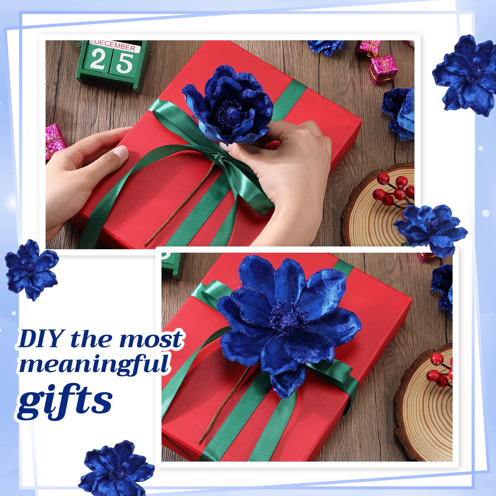 20 PCS Dark Blue Christmas Glitter Poinsettia Magnolia Flower Large Ornament