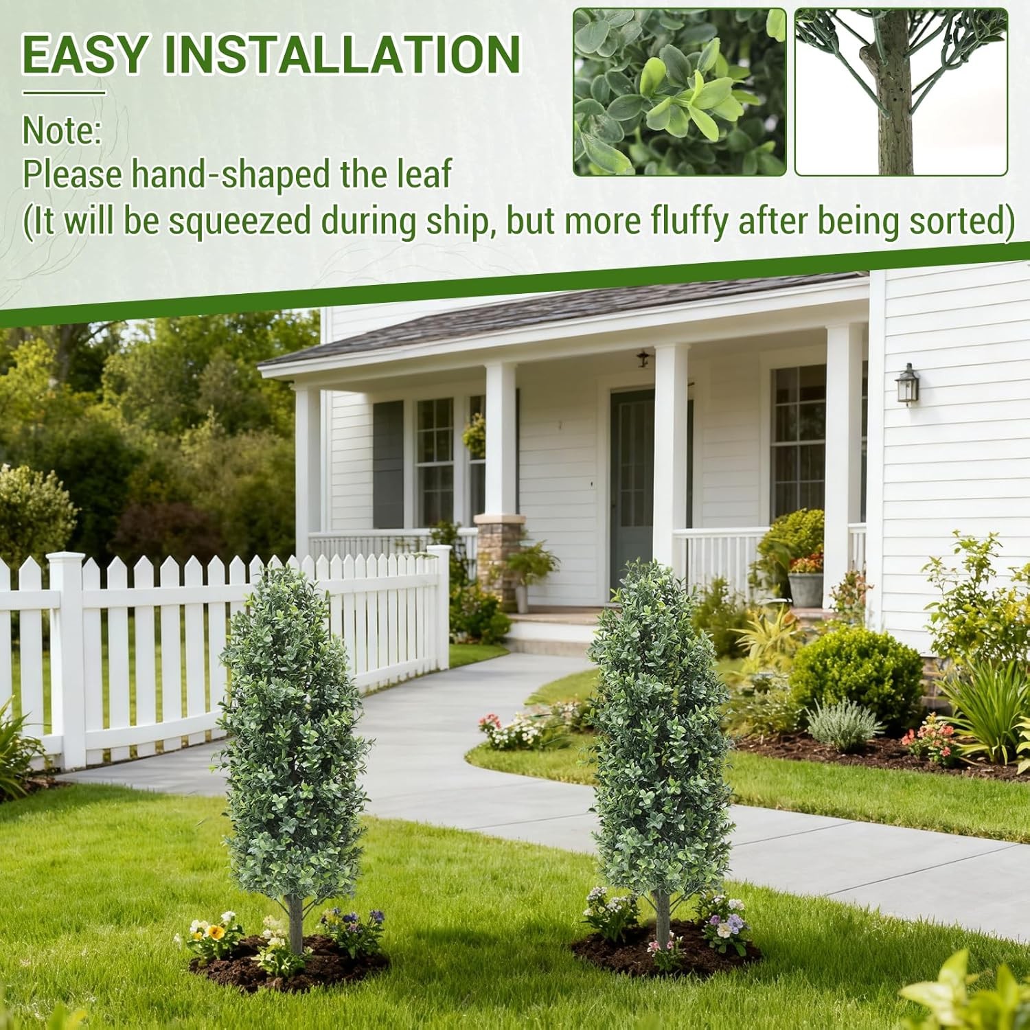 Set of 2 Faux Boxwood Plants: UV Resistant Outdoor Topiary with Ground Spikes