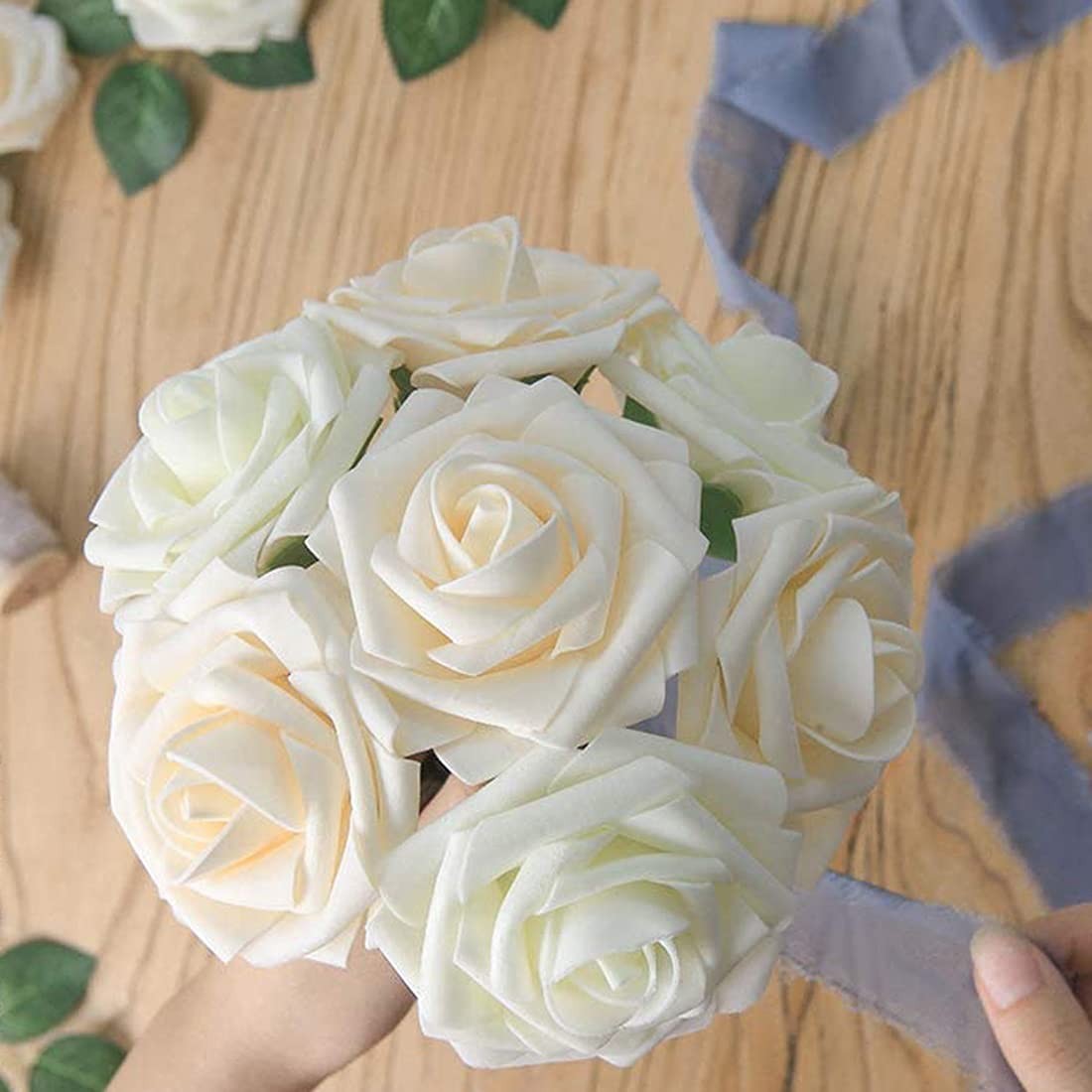 Artificial Flowers Champagne Roses W/Stem, Rustic Farmhouse Decor for Home We…